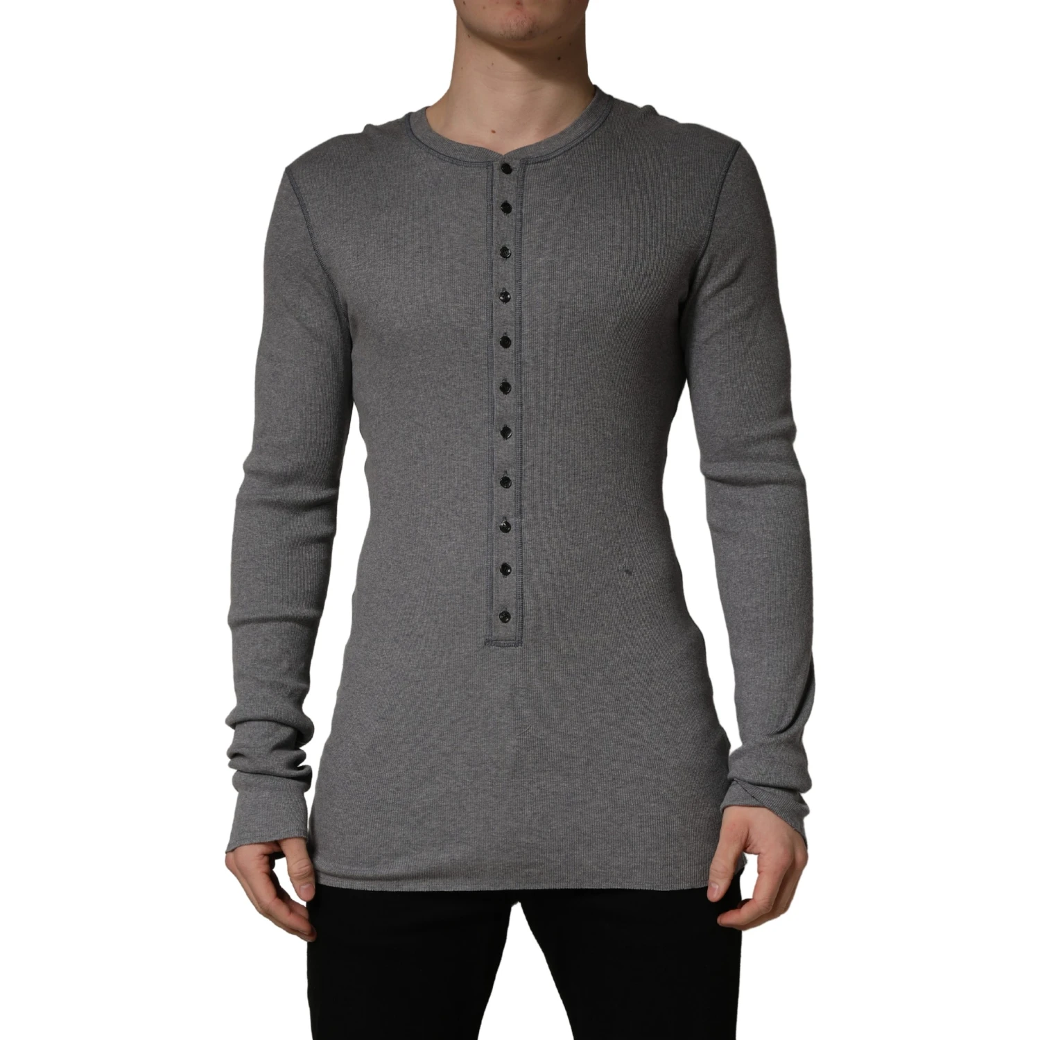 Gray Ribbed Cotton Long-Sleeve Henley  T-shirt