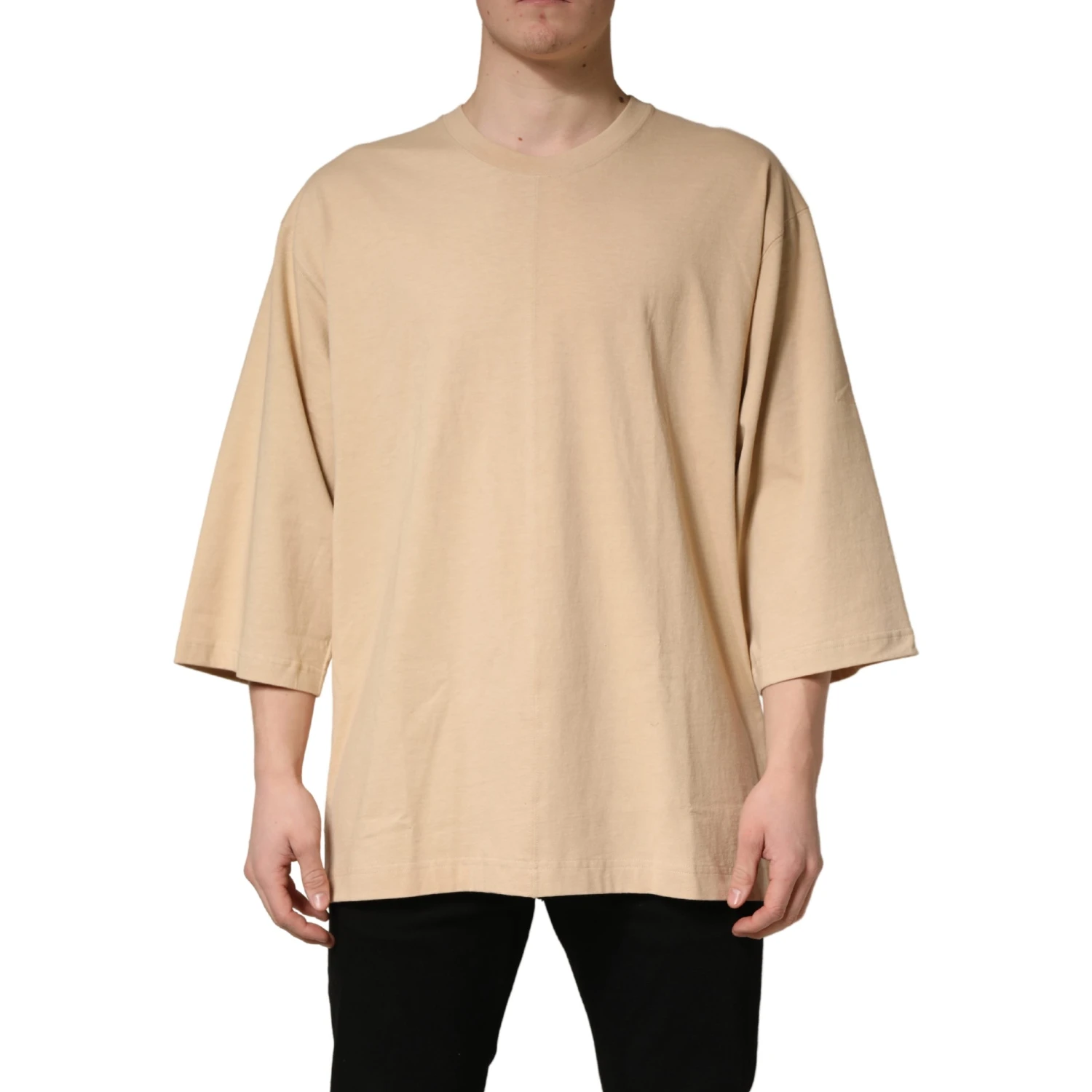 Beige Cotton Roundneck Oversized Fit T-shirt