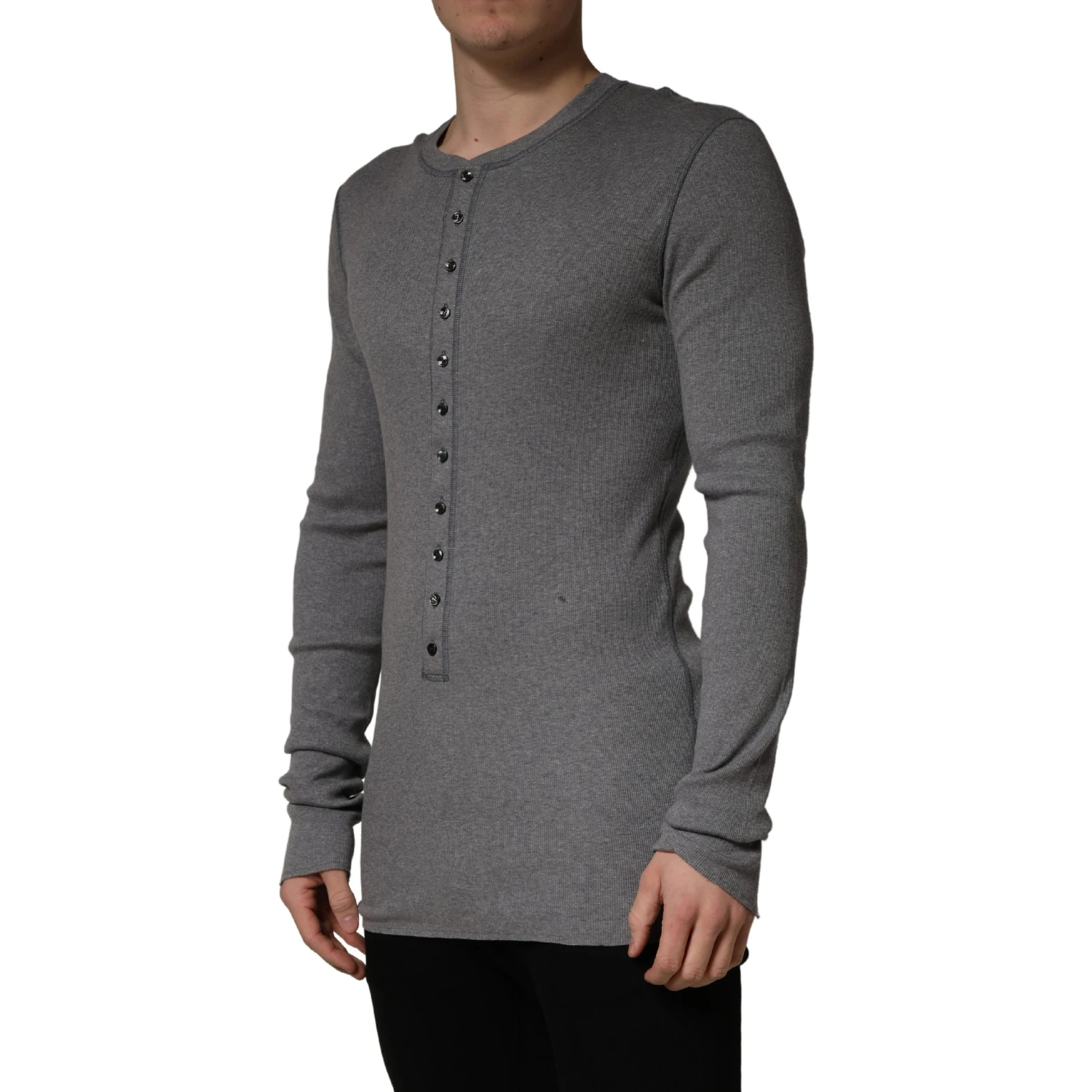 Gray Ribbed Cotton Long-Sleeve Henley  T-shirt
