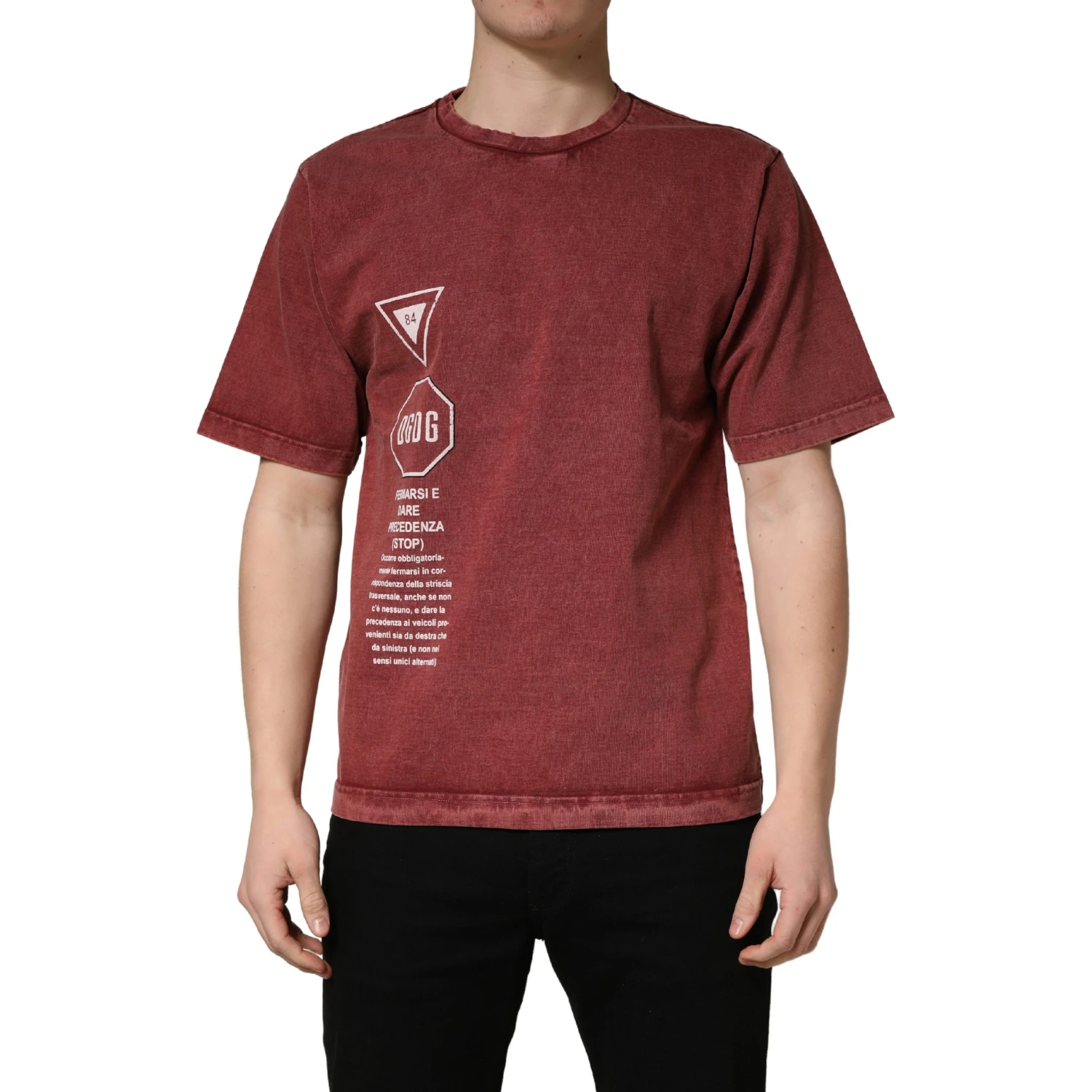 Maroon Print Round Neck Short Sleeve T-shirt