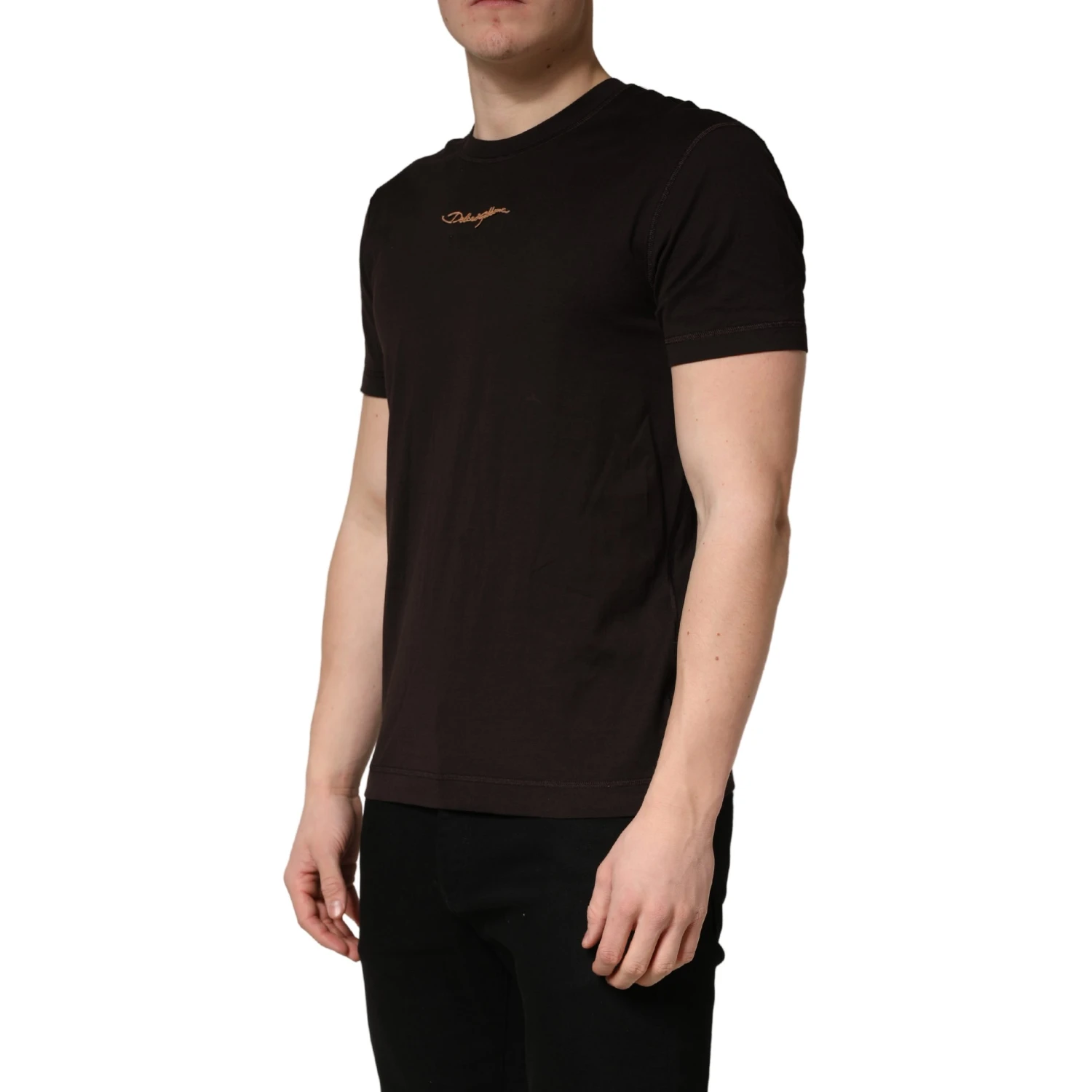 Brown Logo Embroidered Men Crew Neck T-shirt