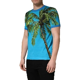 Blue Palm Tree Print Cotton CrewNeck T-shirt