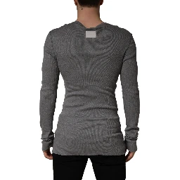 Gray Ribbed Cotton Long-Sleeve Henley  T-shirt