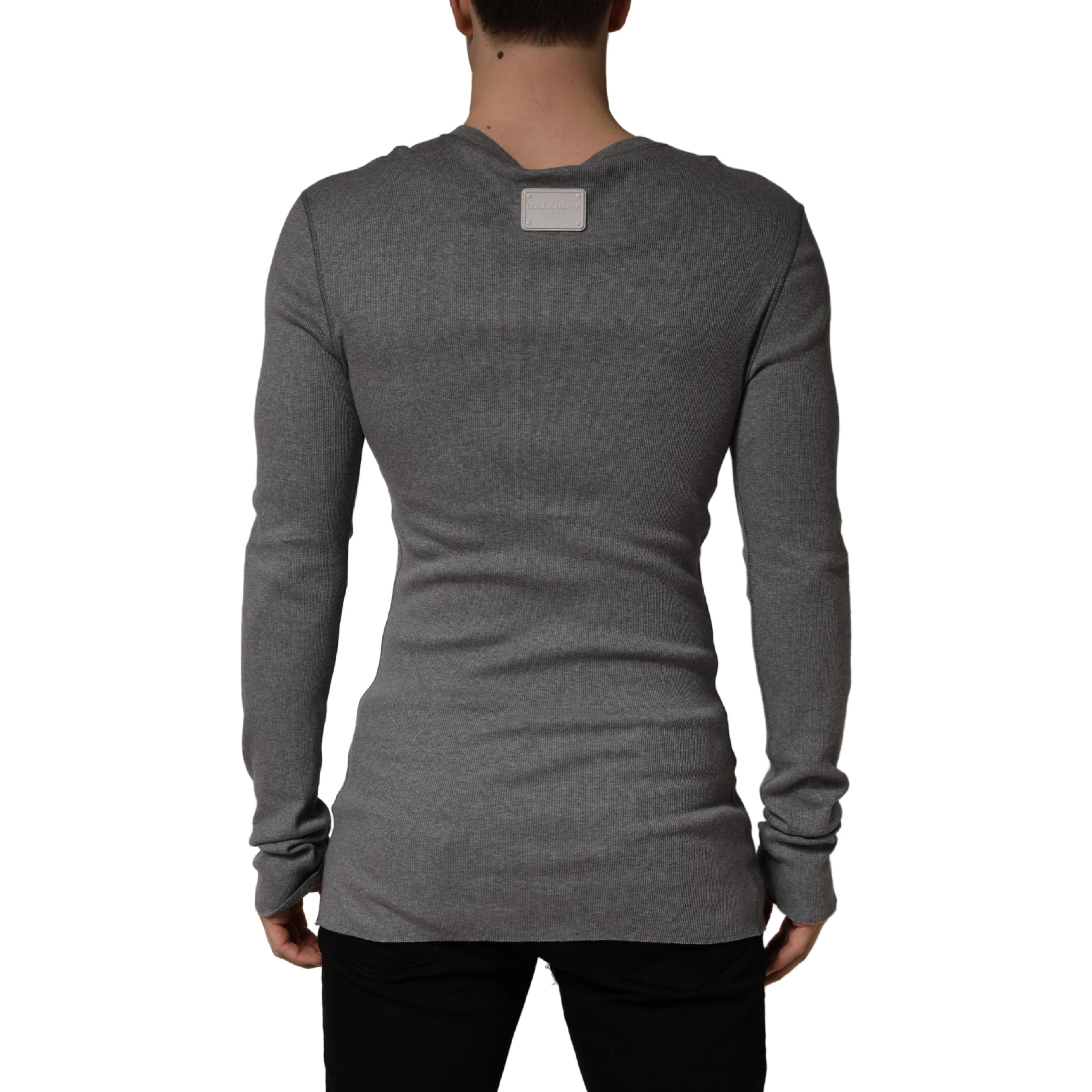 Gray Ribbed Cotton Long-Sleeve Henley T-shirt