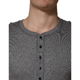 Gray Ribbed Cotton Long-Sleeve Henley  T-shirt