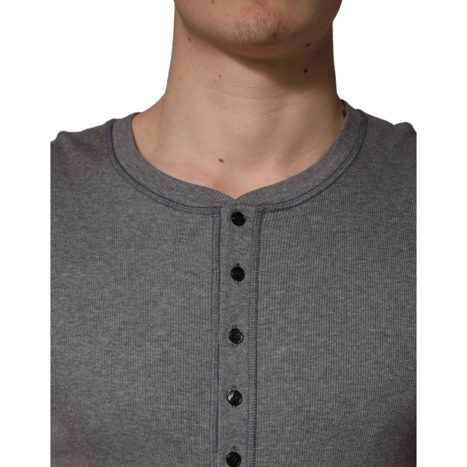 Gray Ribbed Cotton Long-Sleeve Henley  T-shirt
