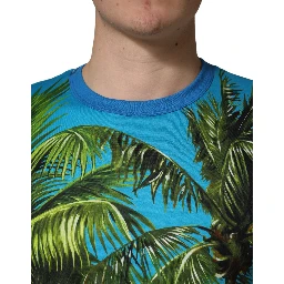 Blue Palm Tree Print Cotton CrewNeck T-shirt