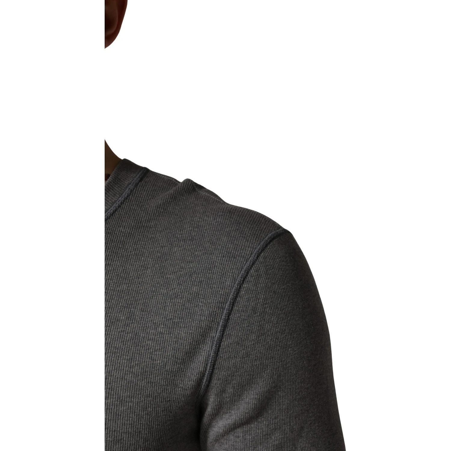 Gray Ribbed Cotton Long-Sleeve Henley  T-shirt