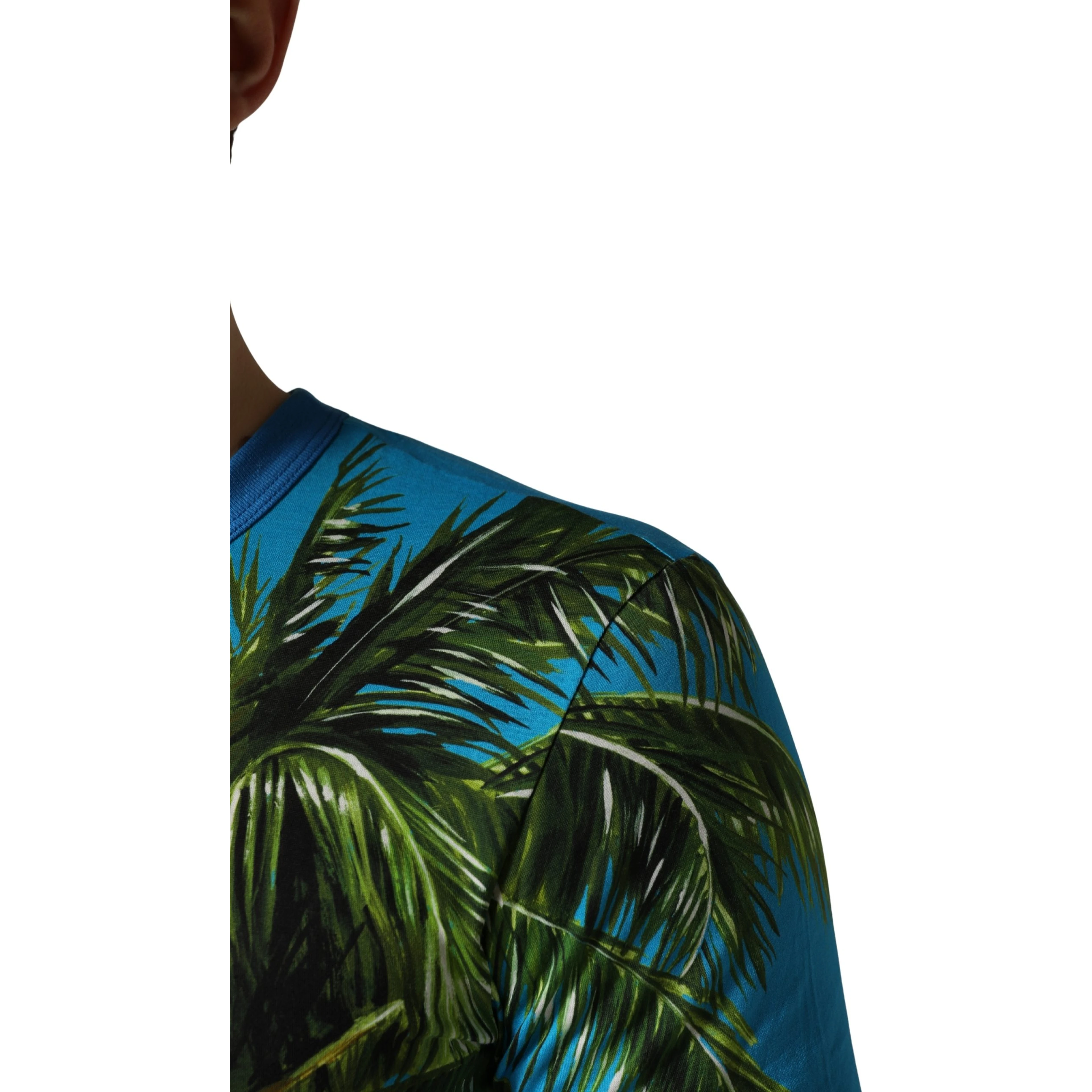 Blue Palm Tree Print Cotton CrewNeck T-shirt