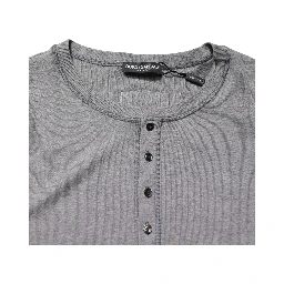 Gray Ribbed Cotton Long-Sleeve Henley  T-shirt