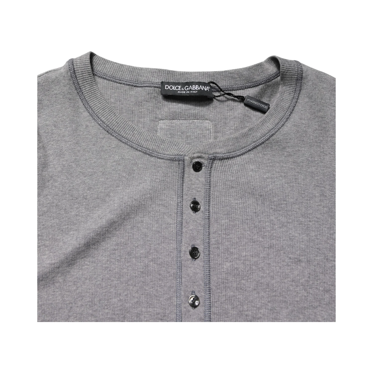 Gray Ribbed Cotton Long-Sleeve Henley  T-shirt
