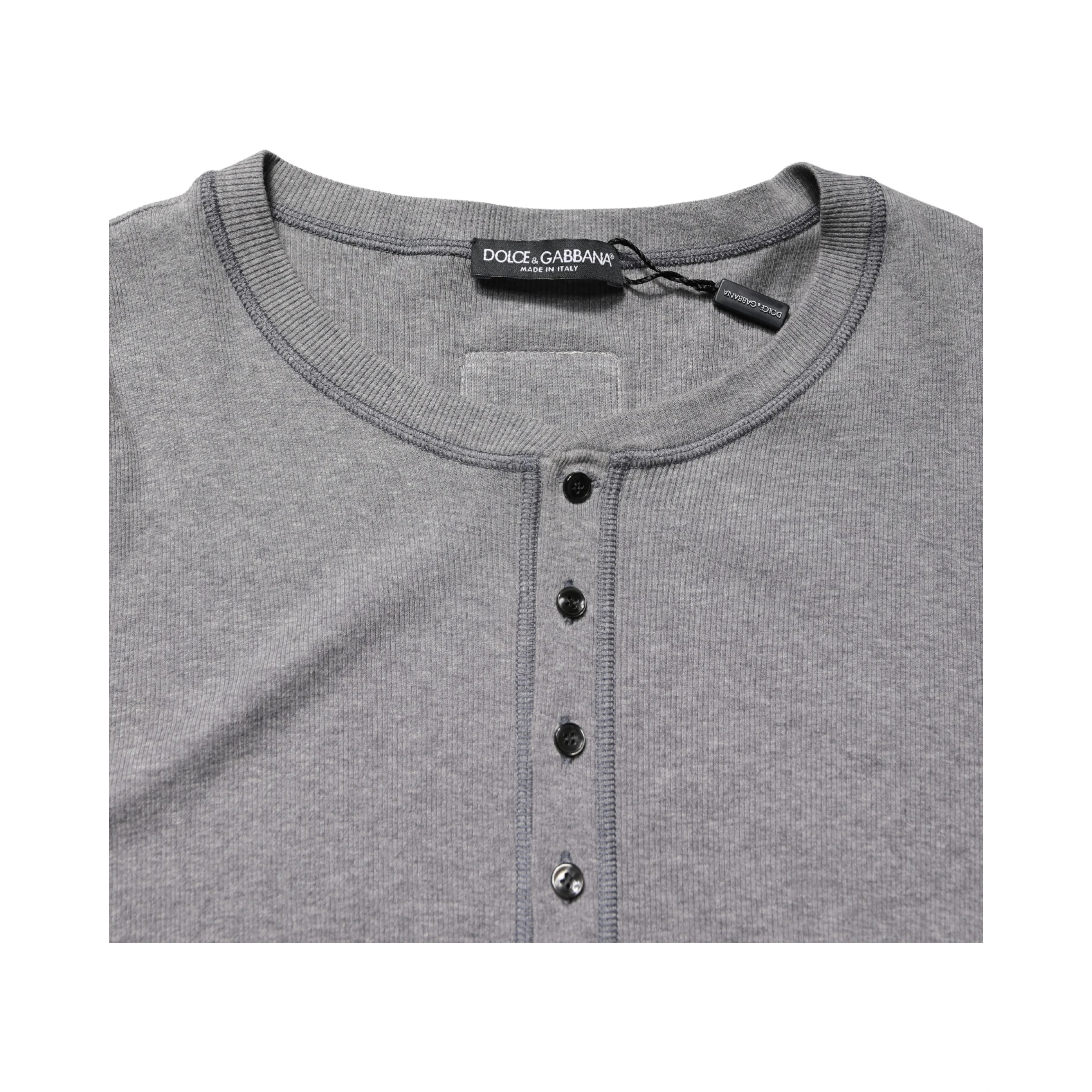 Gray Ribbed Cotton Long-Sleeve Henley T-shirt