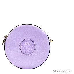 Versace Round Disco Lilac Pebbled Leather Camera Case Crossbody Bag Purse