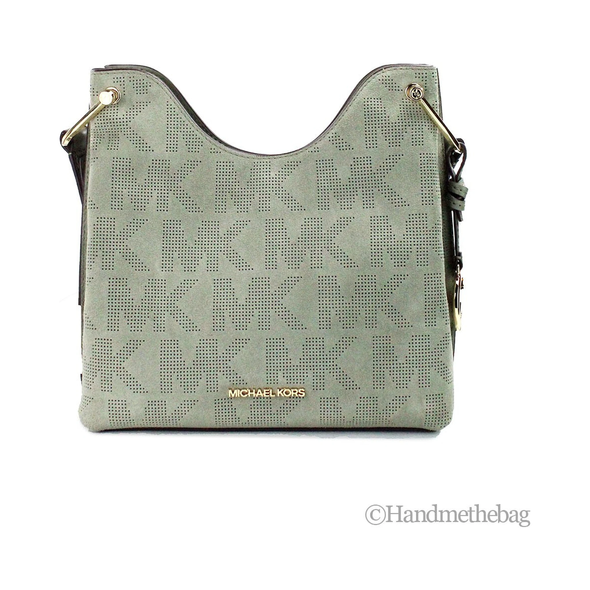 Michael Kors Joan Small Green Perforated Suede Leather Slouchy Messenger Handbag