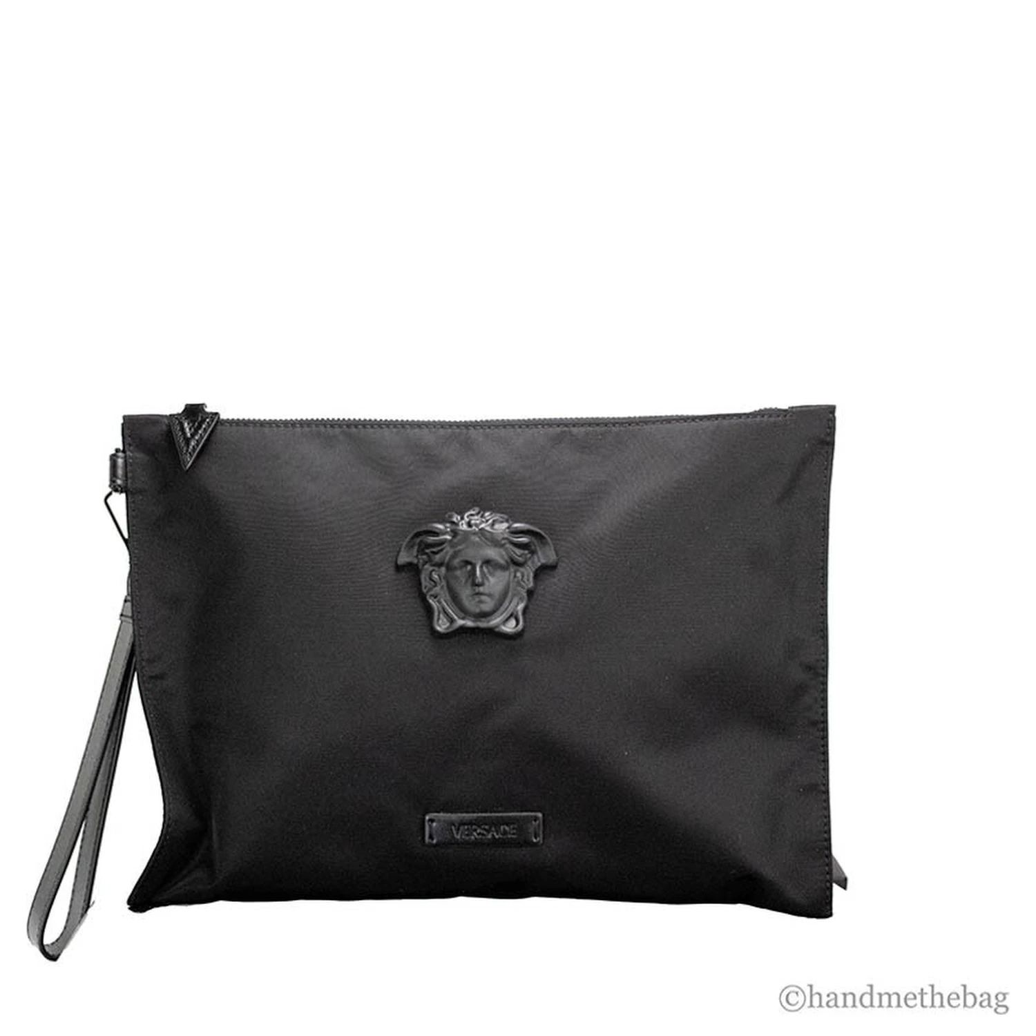 Versace Large Black Nylon Fabric Medusa Convertible Pouch Clutch Wristlet Bag