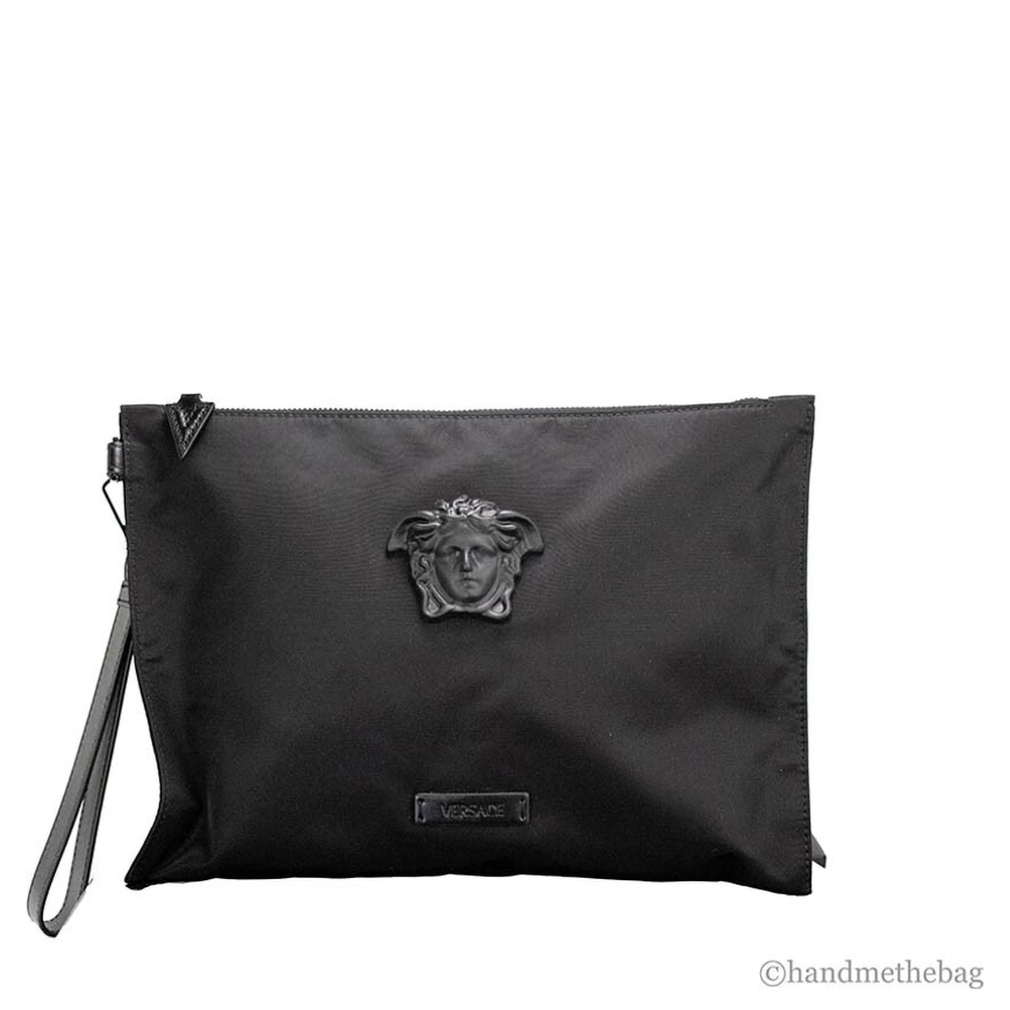 Versace Large Black Nylon Fabric Medusa Convertible Pouch Clutch Wristlet Bag