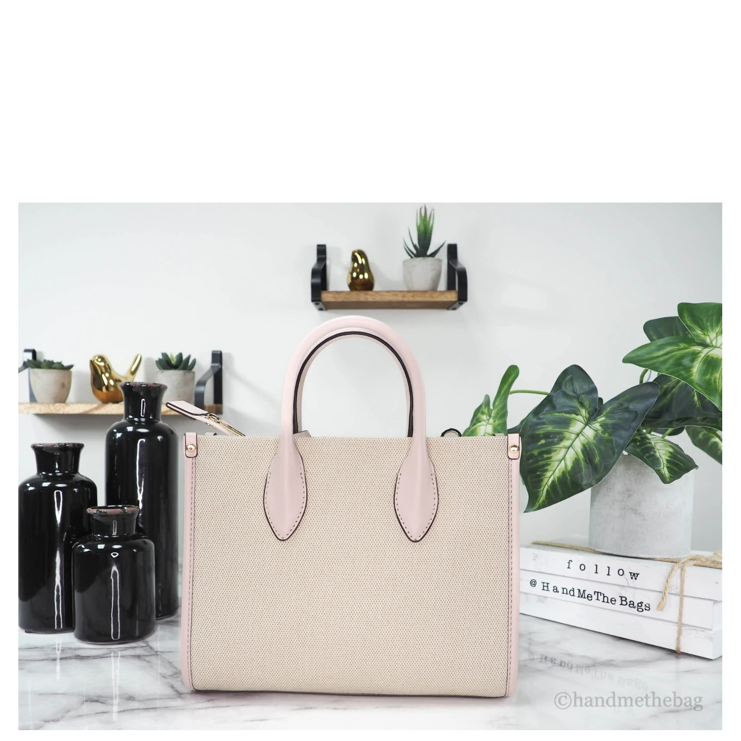 Michael Kors Mirella Small Powder Blush Canvas Shopper Crossbody Handbag Purse
