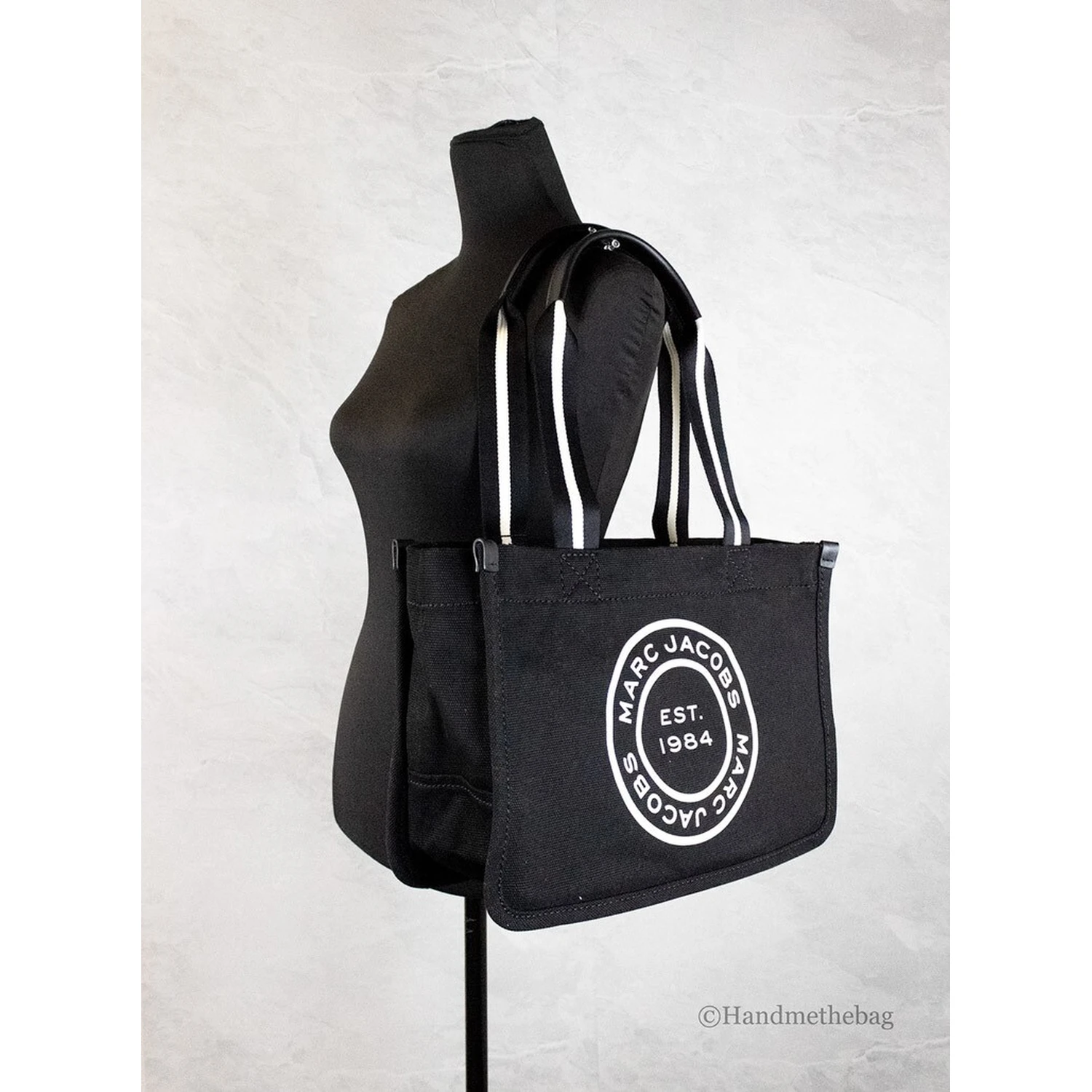Marc Jacobs Medium Black Canvas Fabric Shoulder Convertible Tote Purse Bag