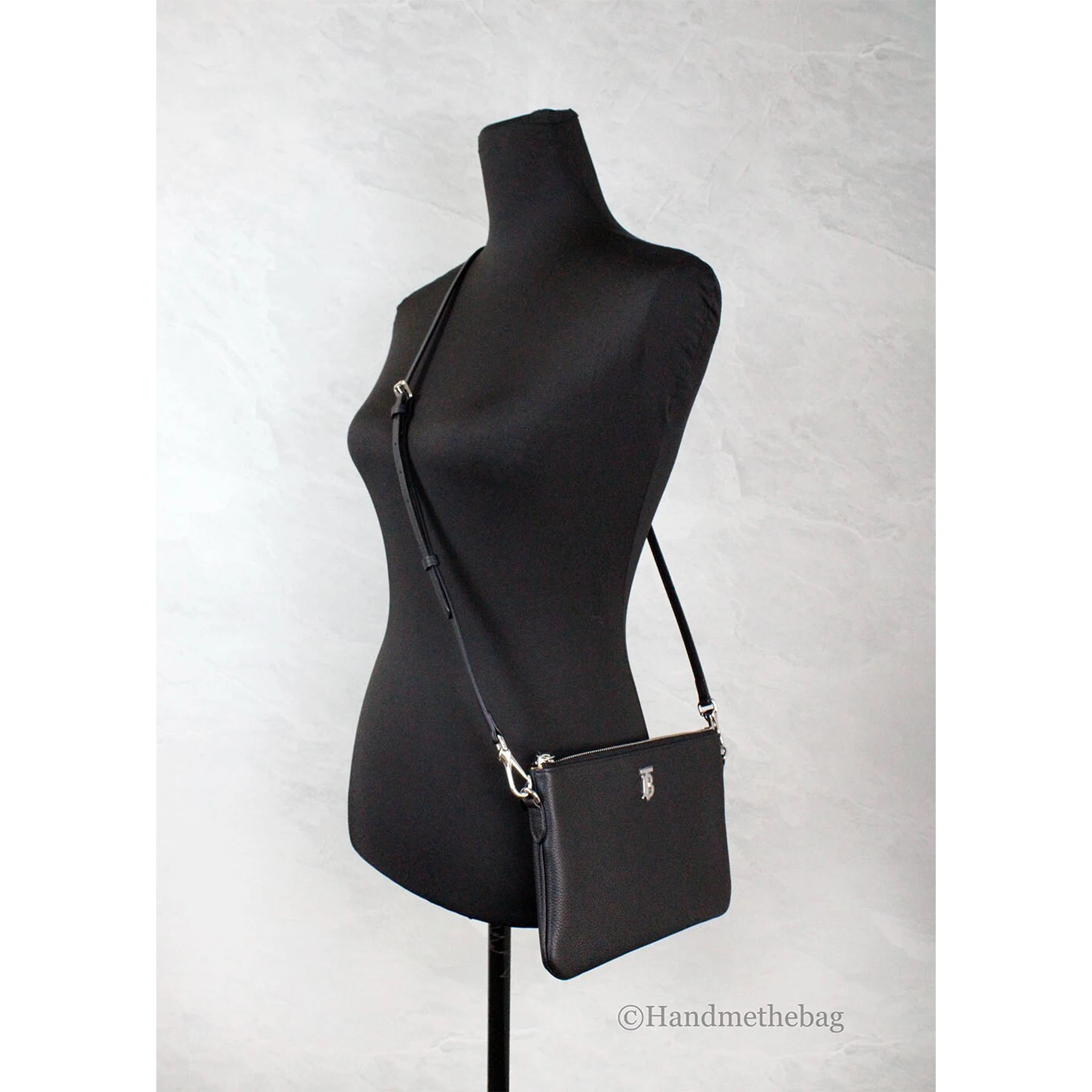 Burberry Peyton Monogram Black Leather Pouch Crossbody Bag Purse