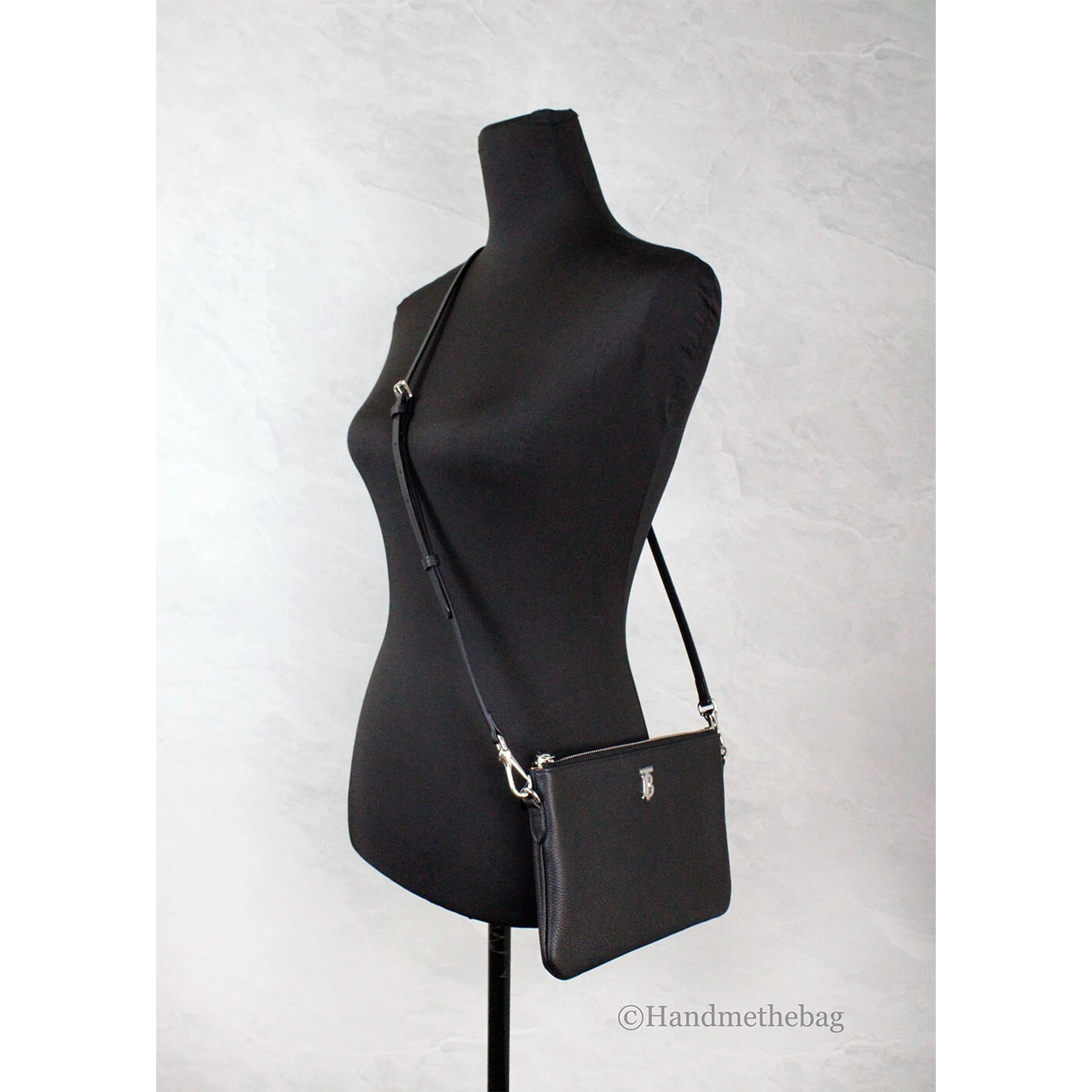 Burberry Peyton Monogram Black Leather Pouch Crossbody Bag Purse