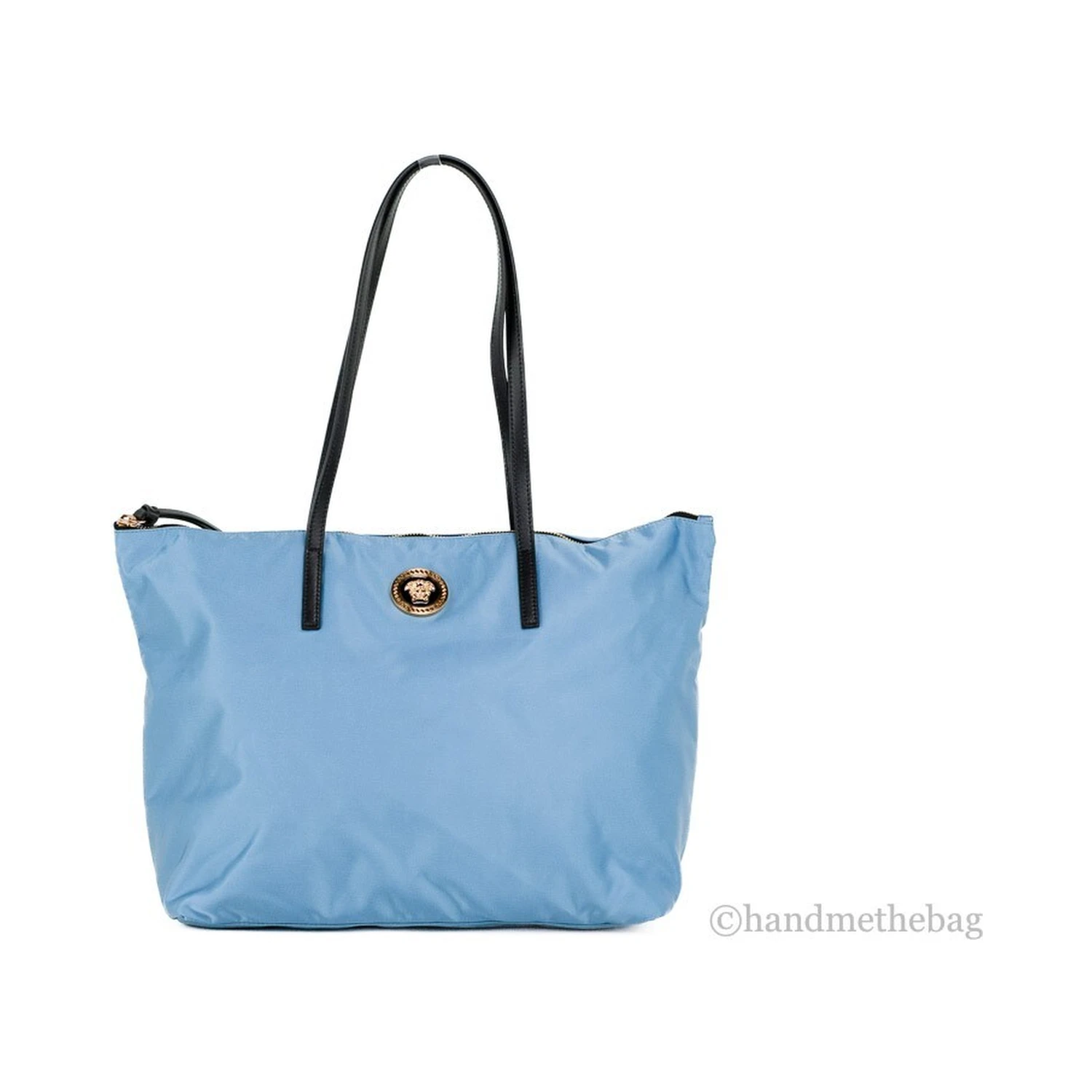 Versace Portuna Medusa Medium Cornflower Blue Nylon Leather Tote Bag Purse