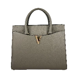 Versace Virtus Large Leather Top Handle Satchel Bag Tote Gray