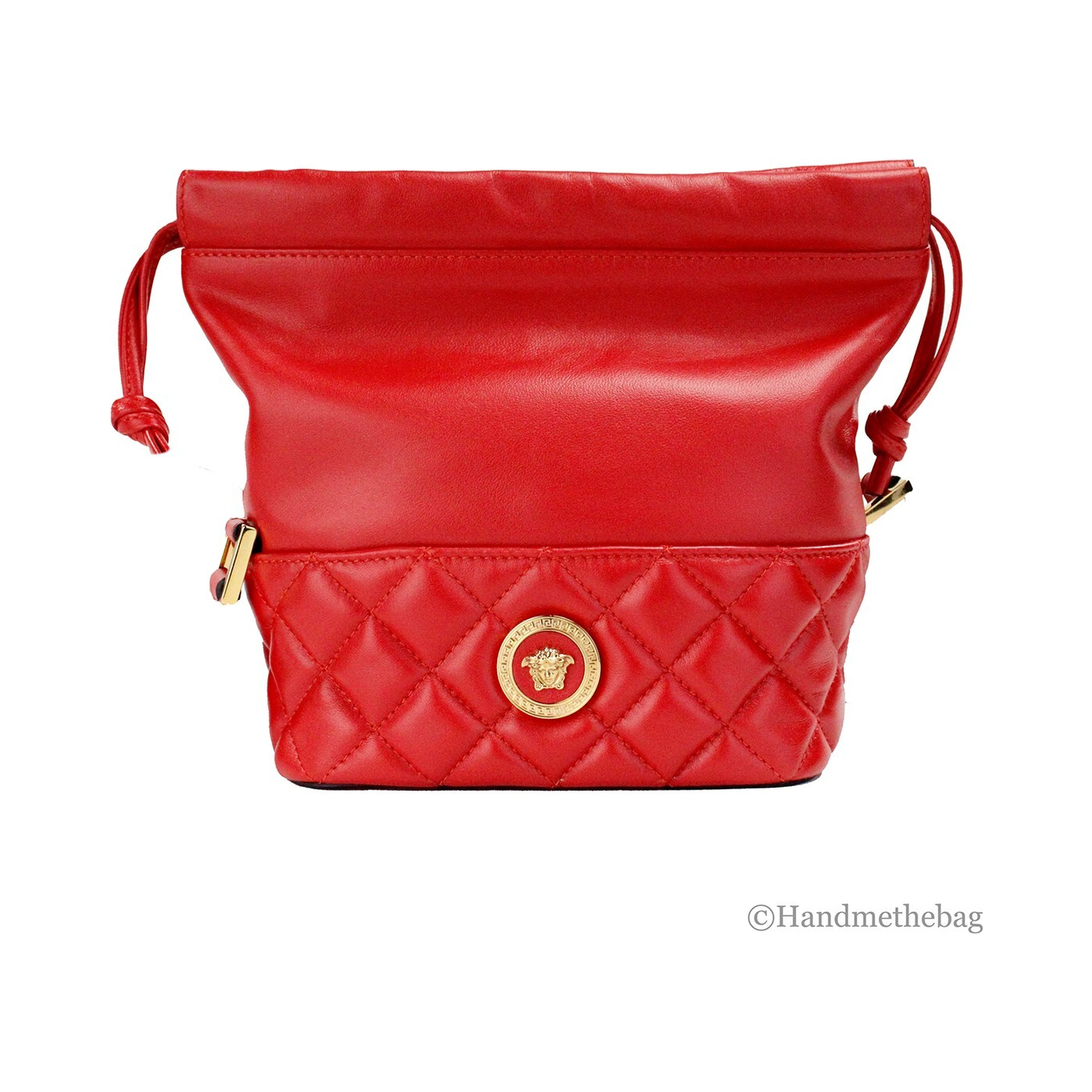 Versace Red Quilted Leather Drawstring Shoulder Bag Bucket Crossbody Handbag