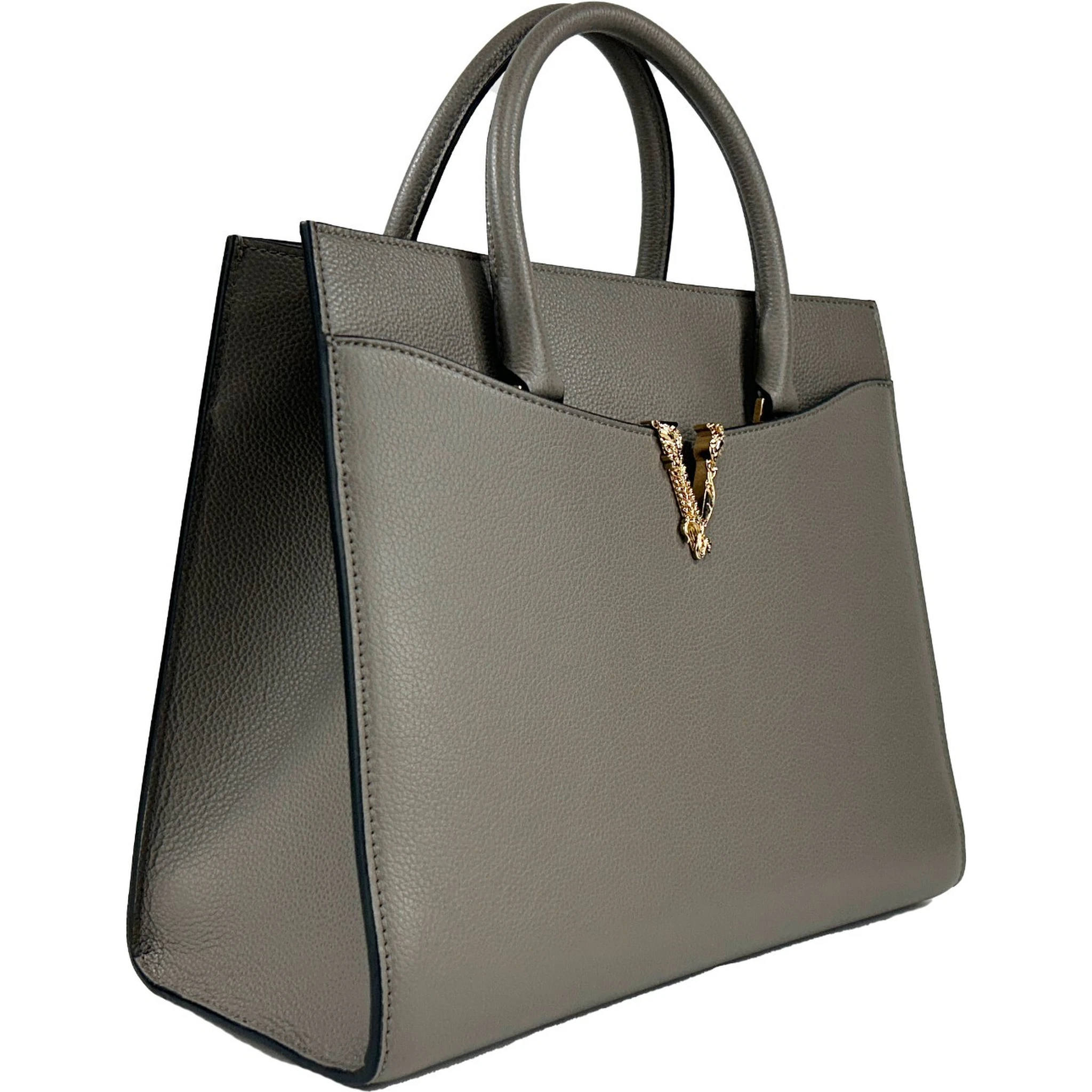 Versace Virtus Large Leather Top Handle Satchel Bag Tote Gray