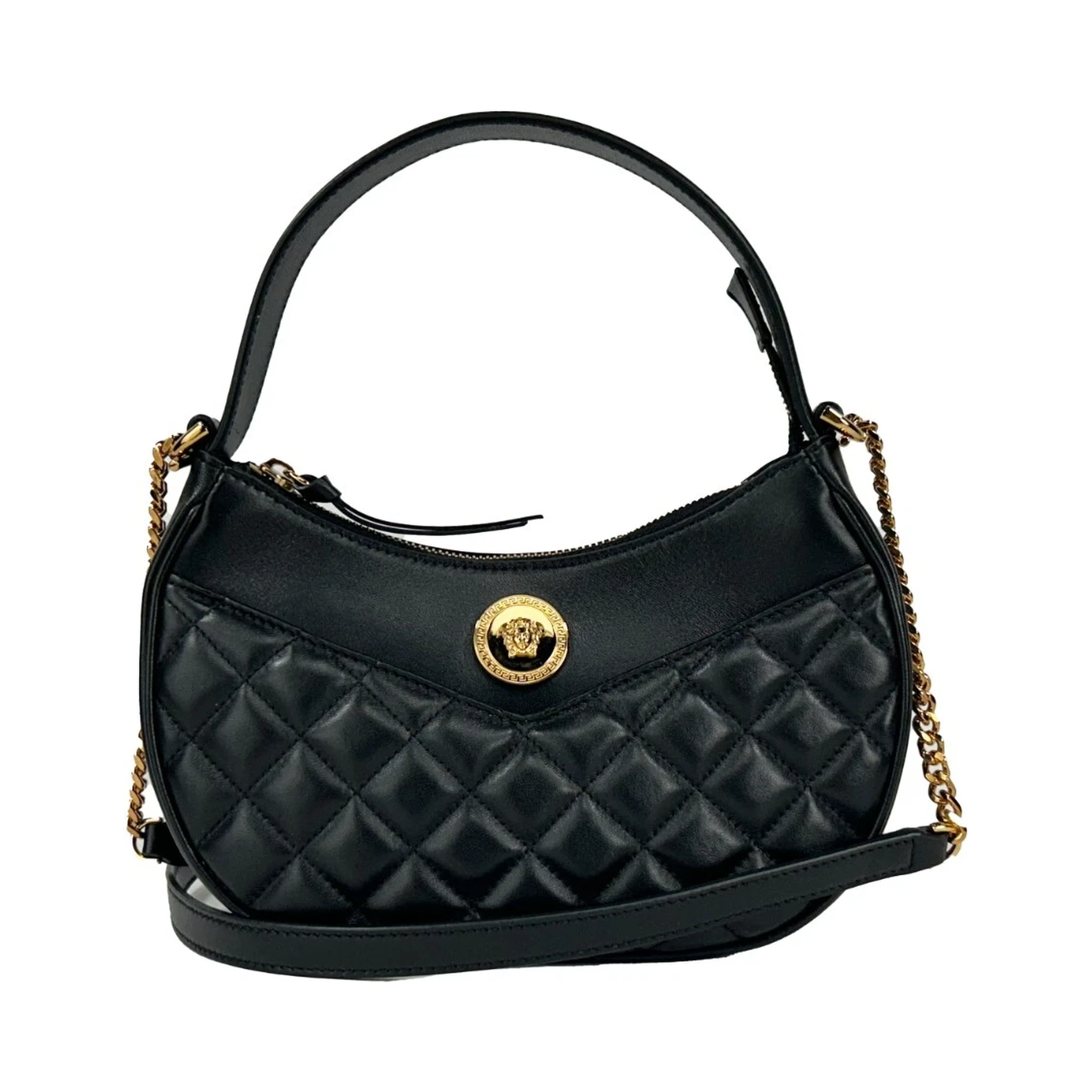 Versace Quilted Black Leather Half Moon Chain Crossbody Bag