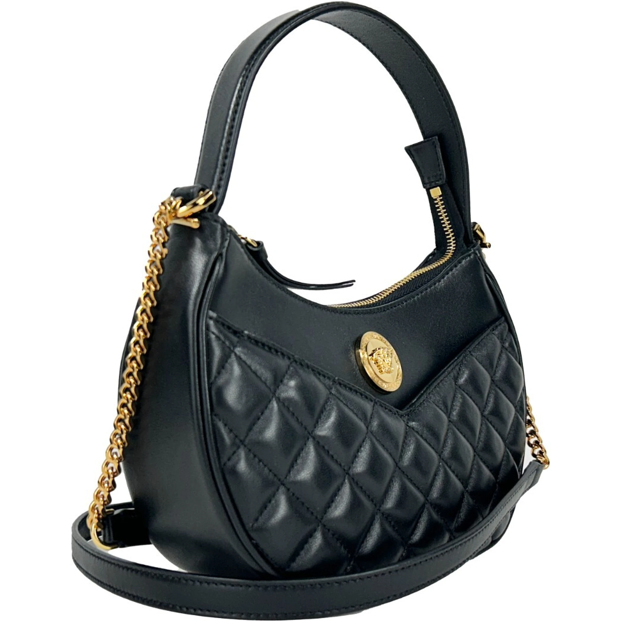 Versace Quilted Black Leather Half Moon Chain Crossbody Bag