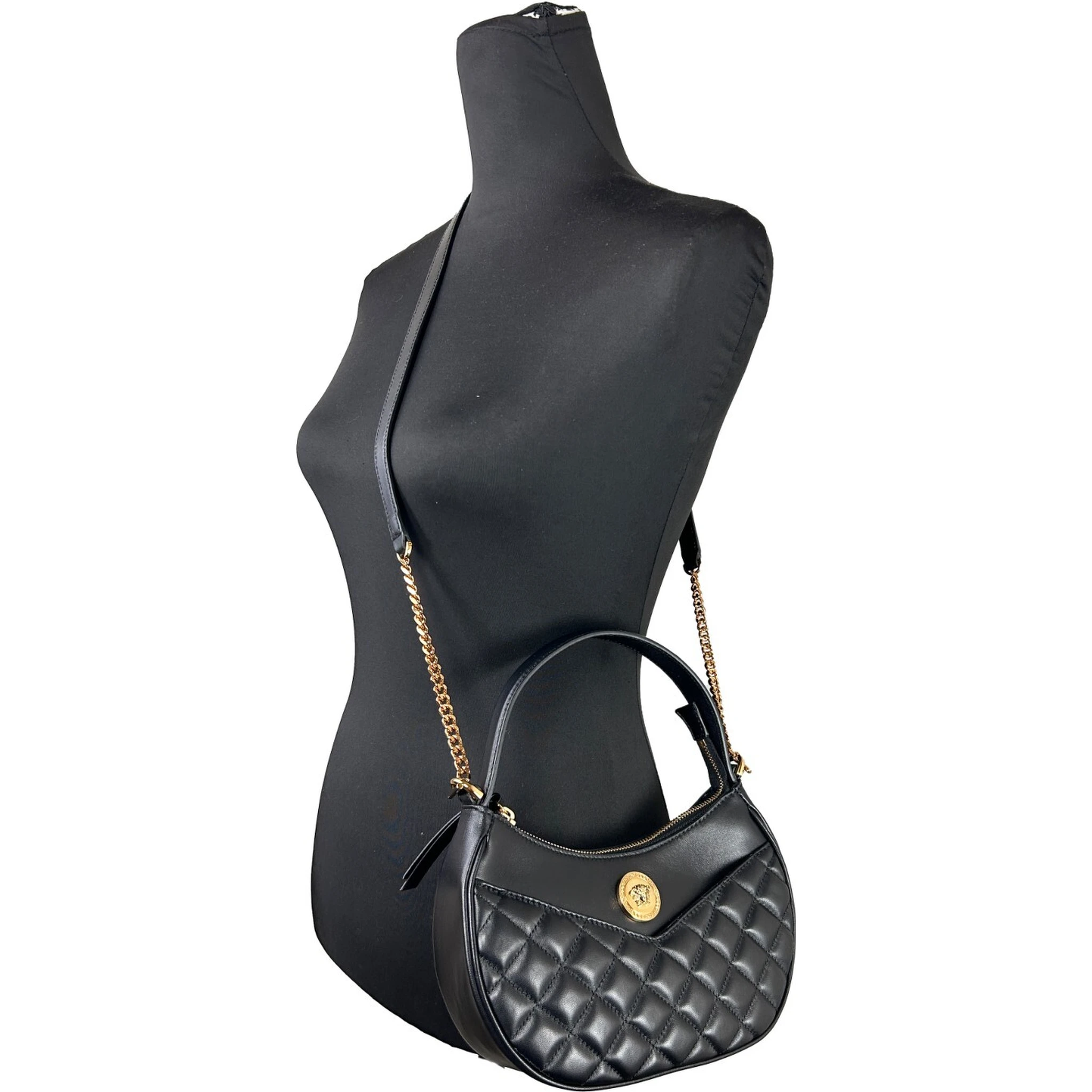 Versace Quilted Black Leather Half Moon Chain Crossbody Bag