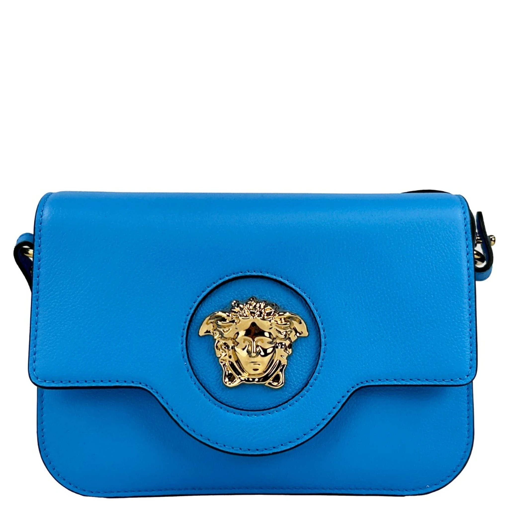 Versace La Medusa Blue Leather Shoulder Crossbody Bag Purse