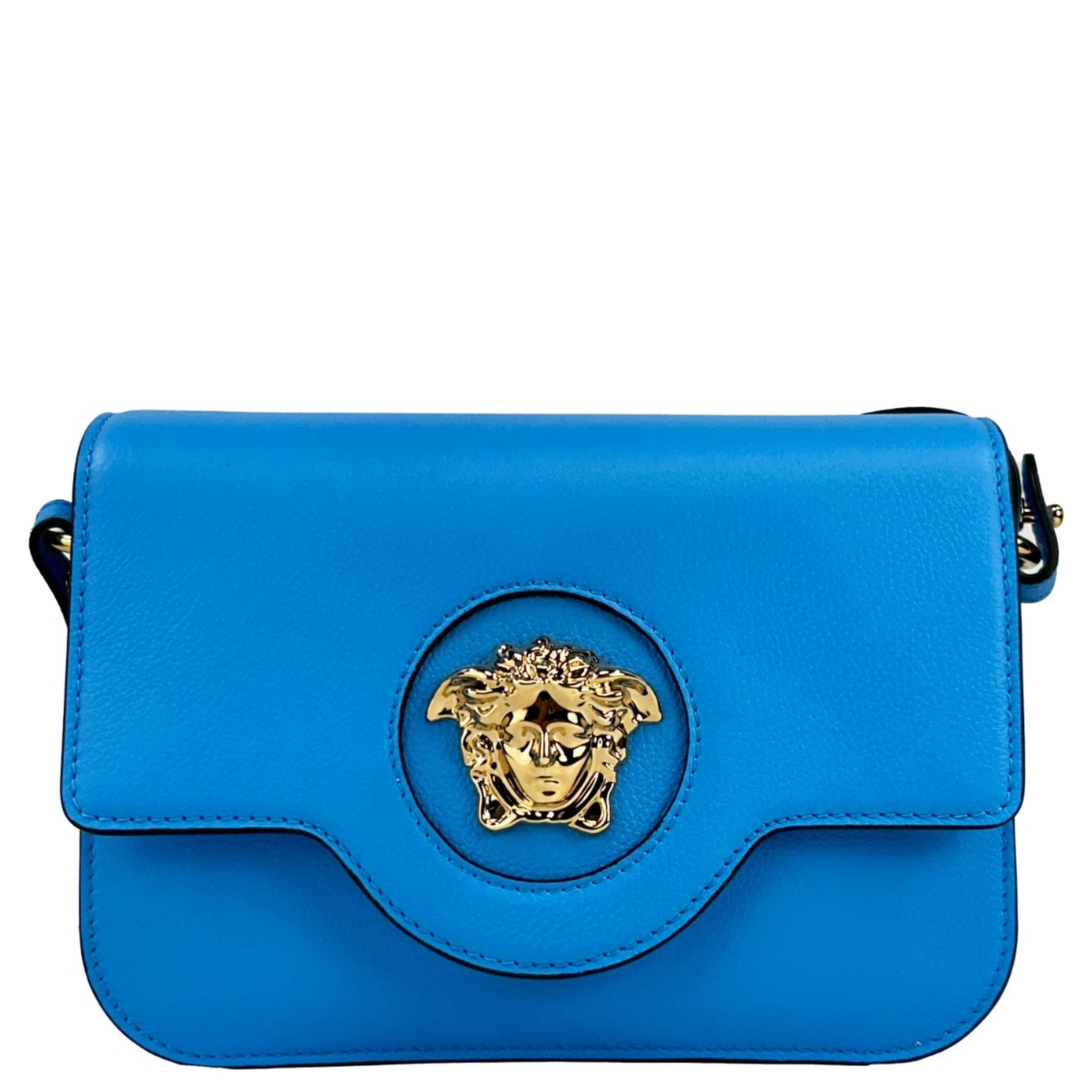 Versace La Medusa Blue Leather Shoulder Crossbody Bag Purse