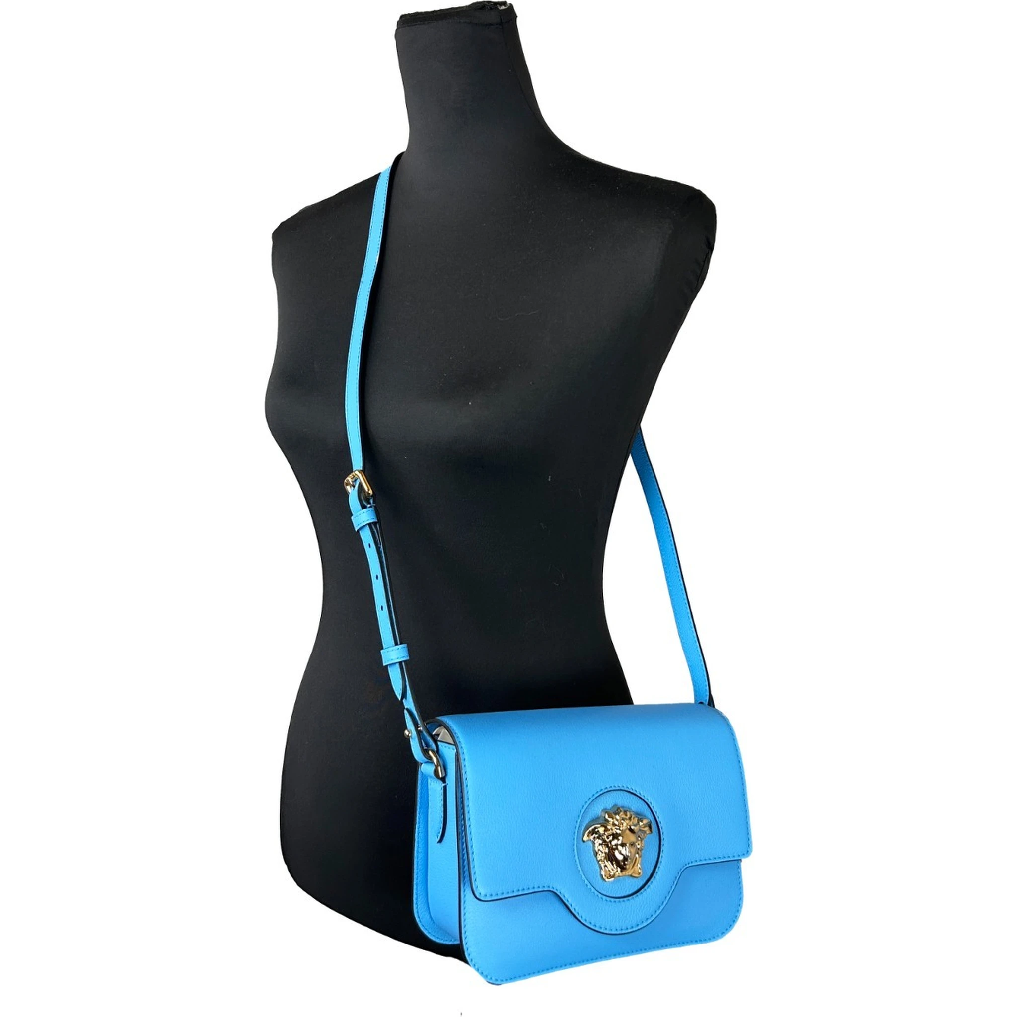 Versace La Medusa Blue Leather Shoulder Crossbody Bag Purse