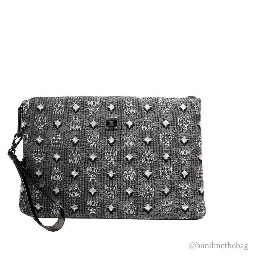 MCM Veritas Medium Dark Grey Denim Monogram Logo Canvas Clutch Pouch Handbag