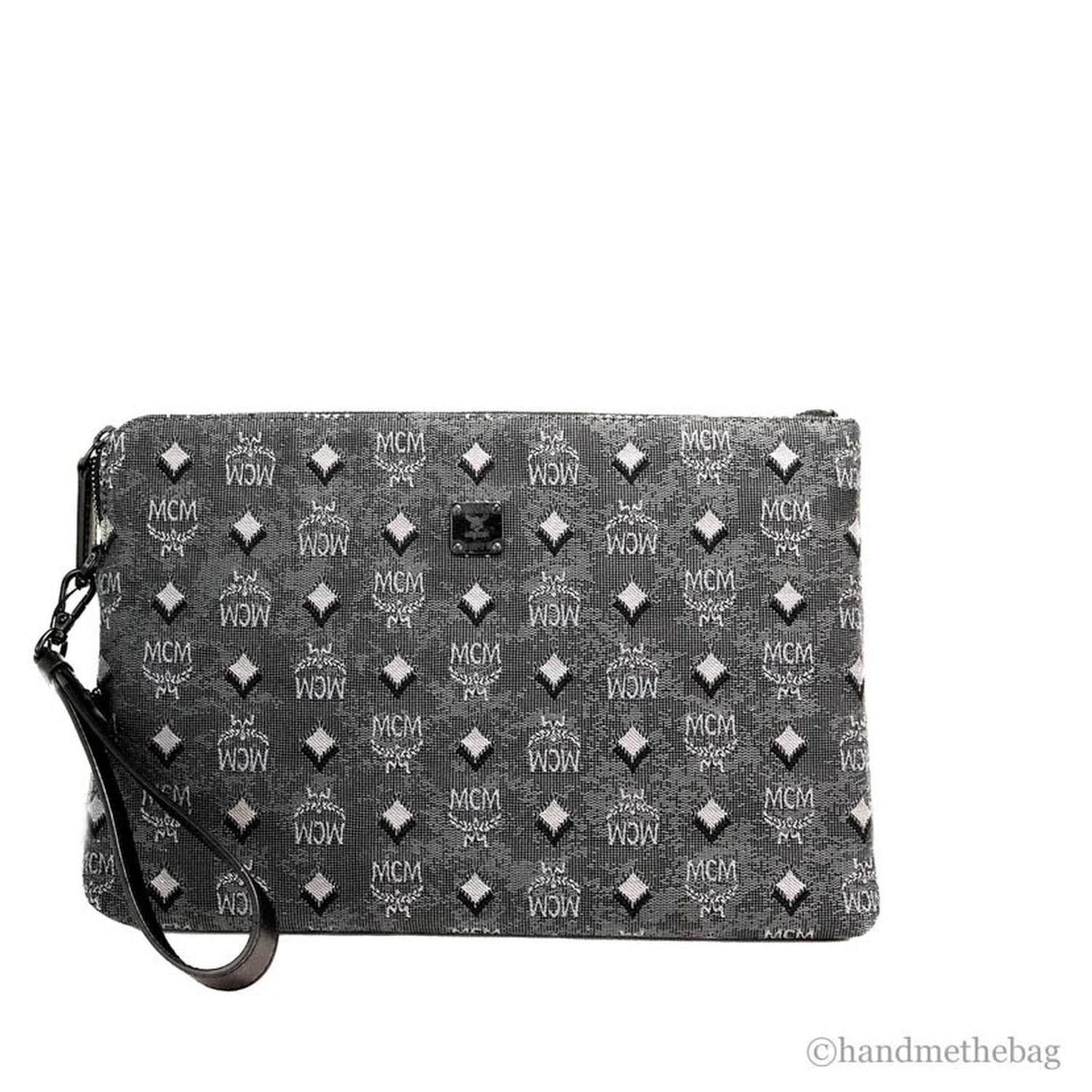 MCM Veritas Medium Dark Grey Denim Monogram Logo Canvas Clutch Pouch Handbag