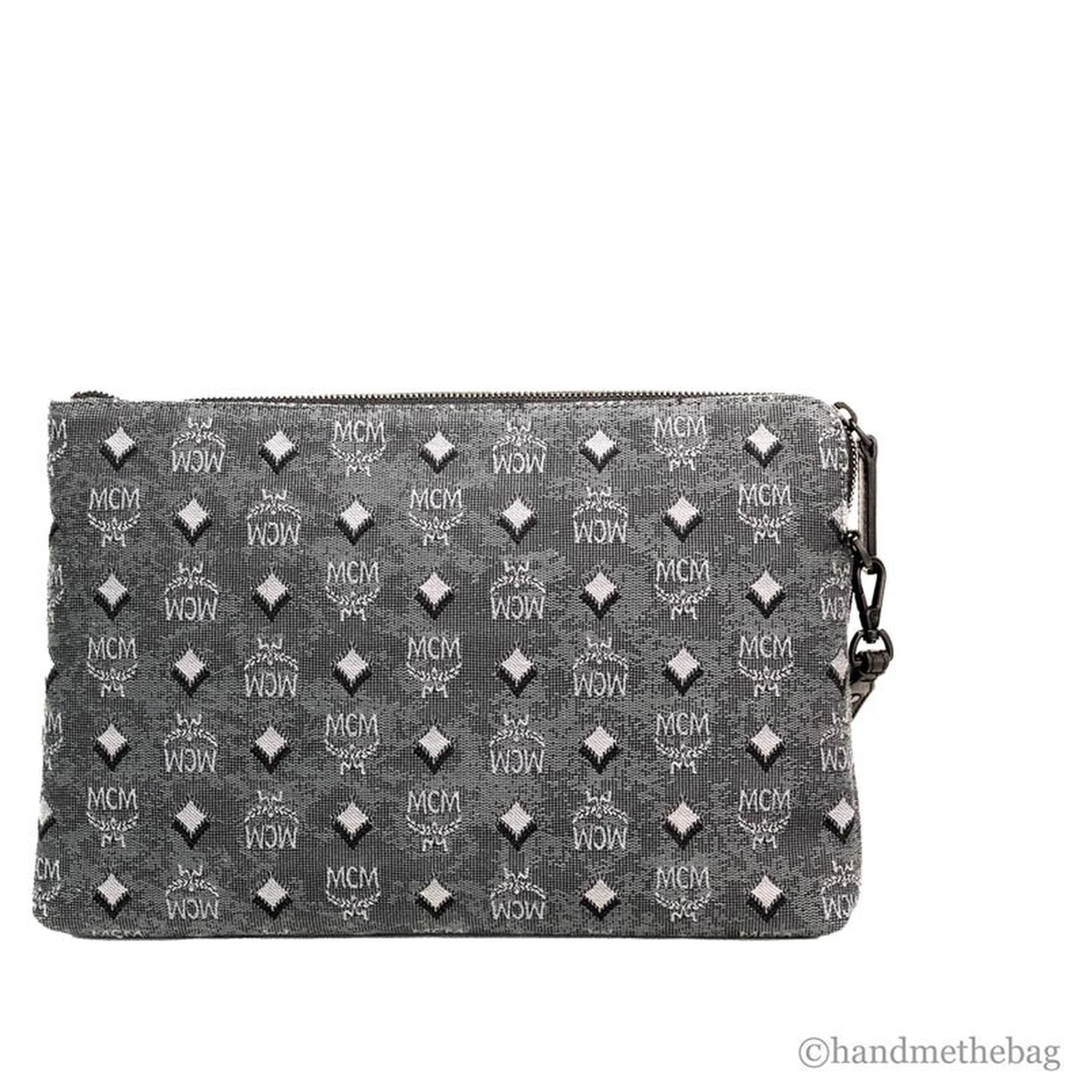 MCM Veritas Medium Dark Grey Denim Monogram Logo Canvas Clutch Pouch Handbag