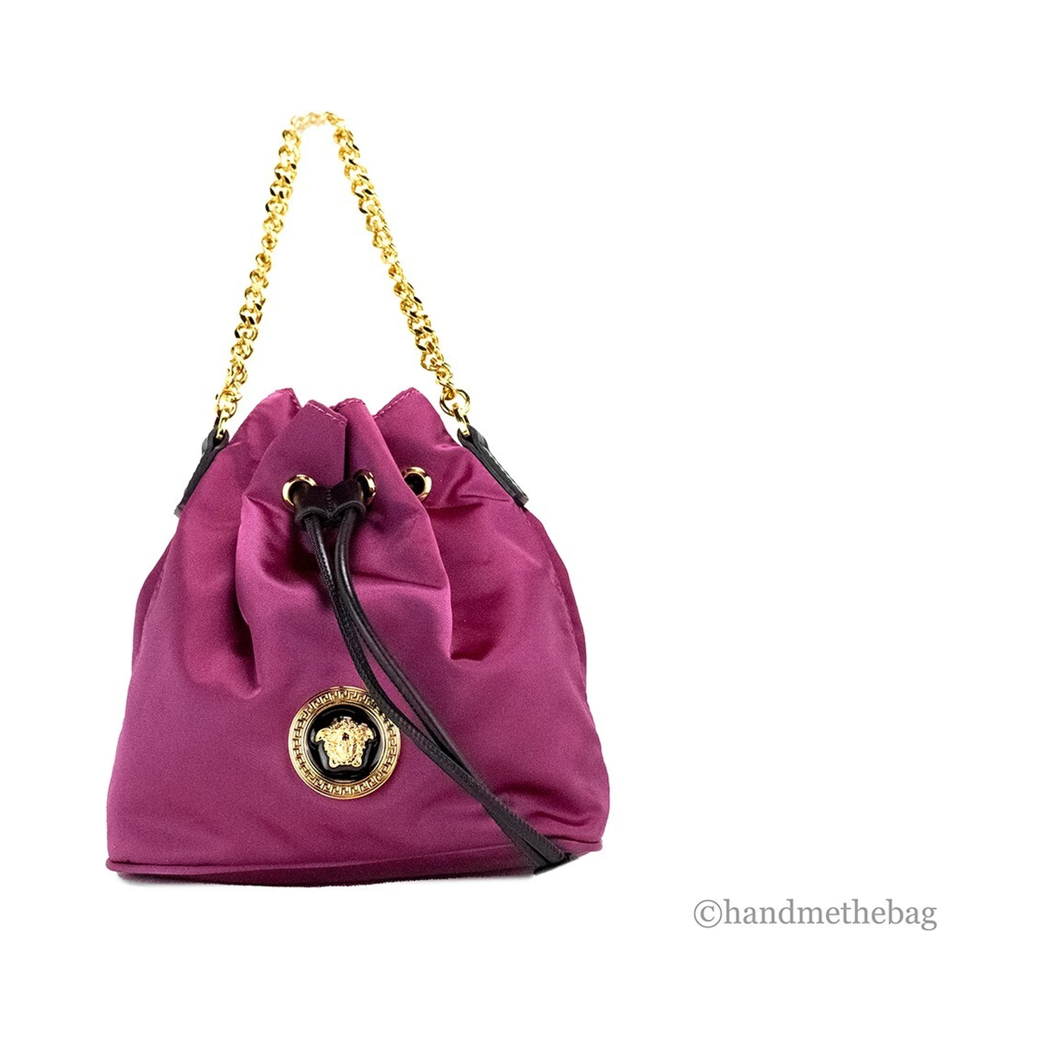 Versace Small Dahlia Nylon Medusa Pendant Bucket Chain Crossbody Bag Purse
