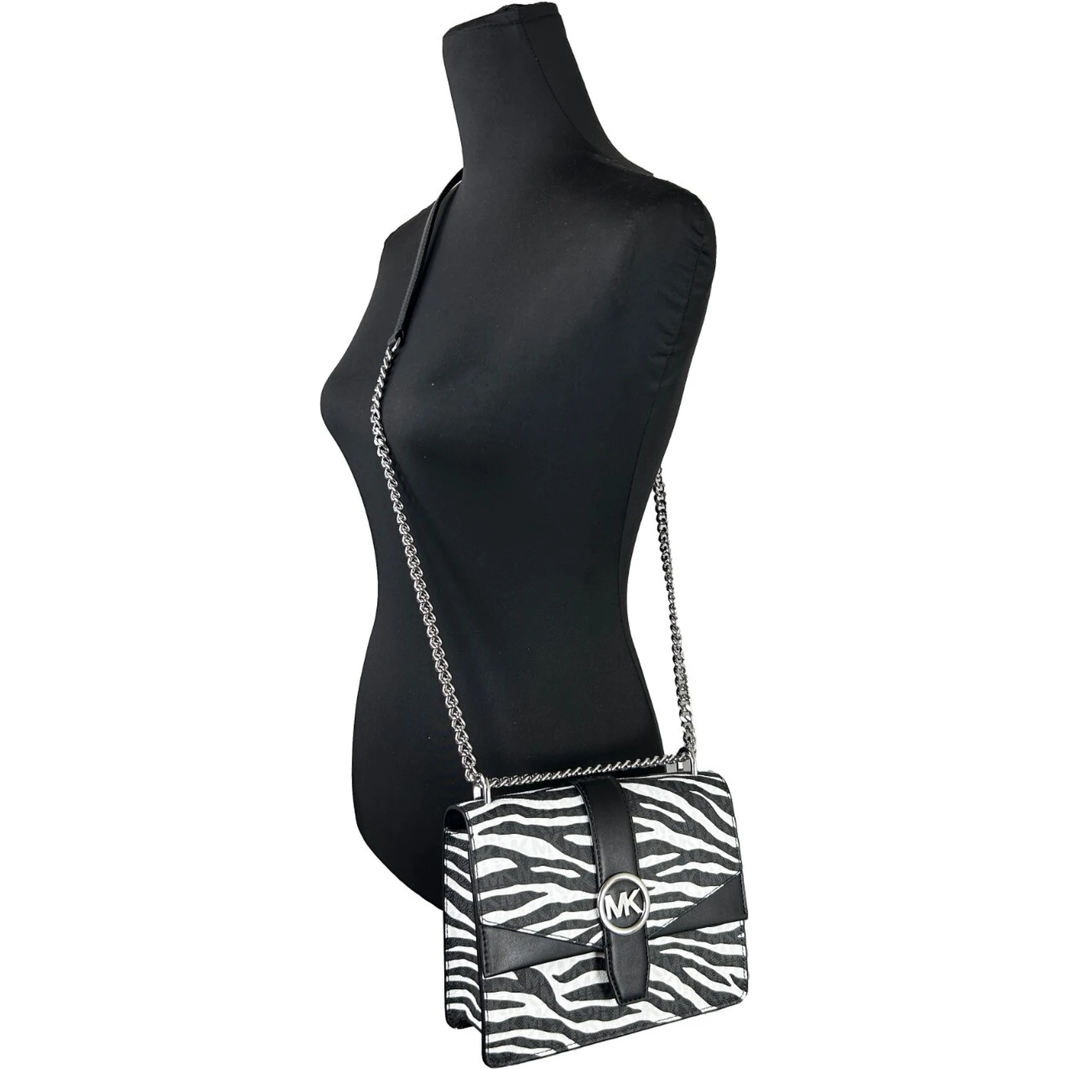 Michael Kors Greenwich Small Print Logo Crossbody Tote Chain Bag Black/White $498