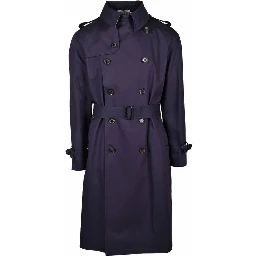 Blue Cotton Men Trench Coat
