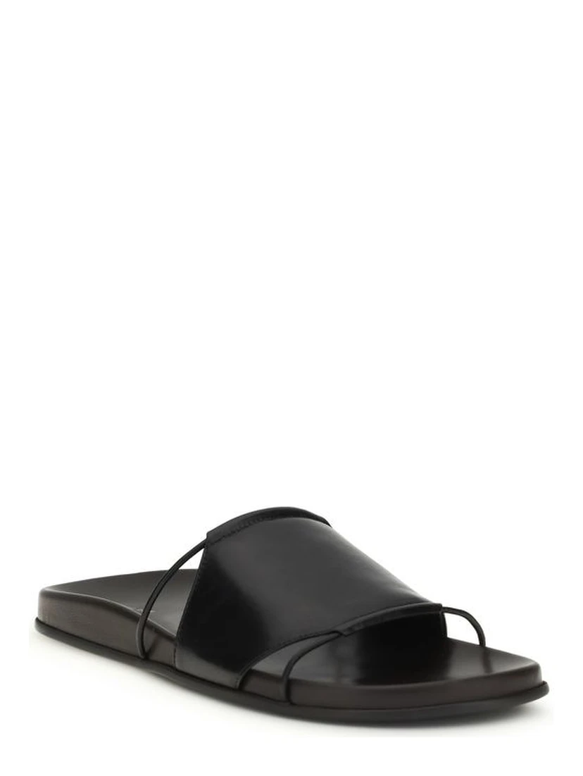 Black Calf Leather Bos Taurus Flat Sandals