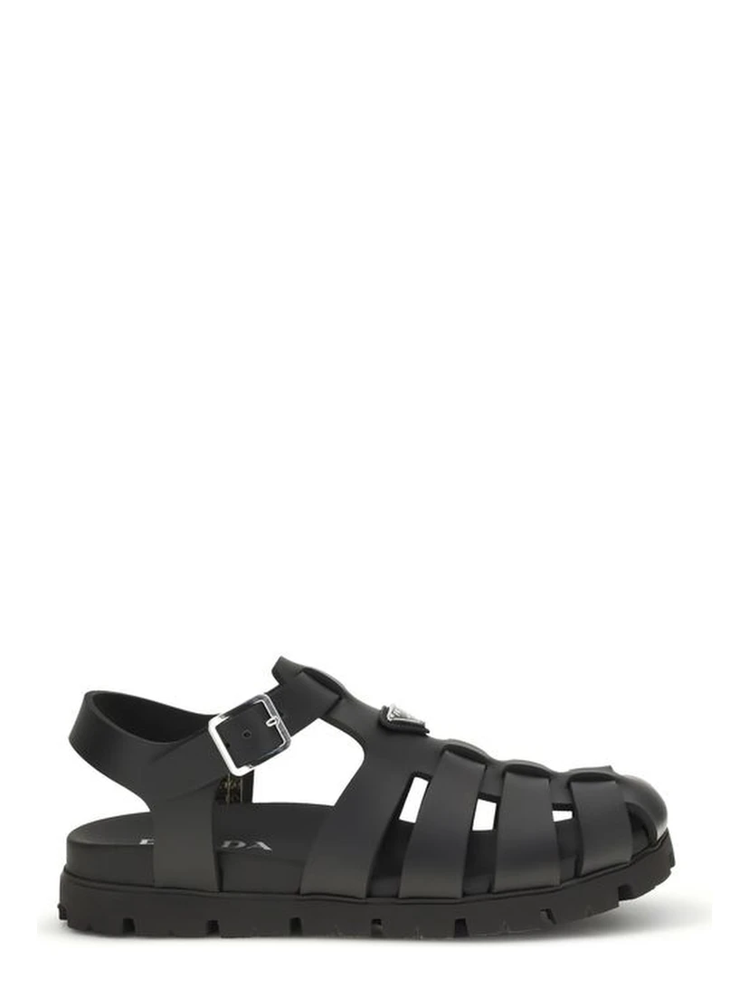 Black Calf Leather Bos Taurus Flat Sandals