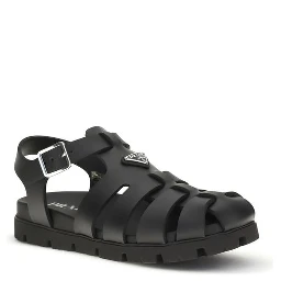 Black Calf Leather Bos Taurus Flat Sandals