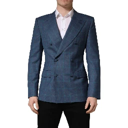 Blue Checked Double Breasted Men Suit Jacket