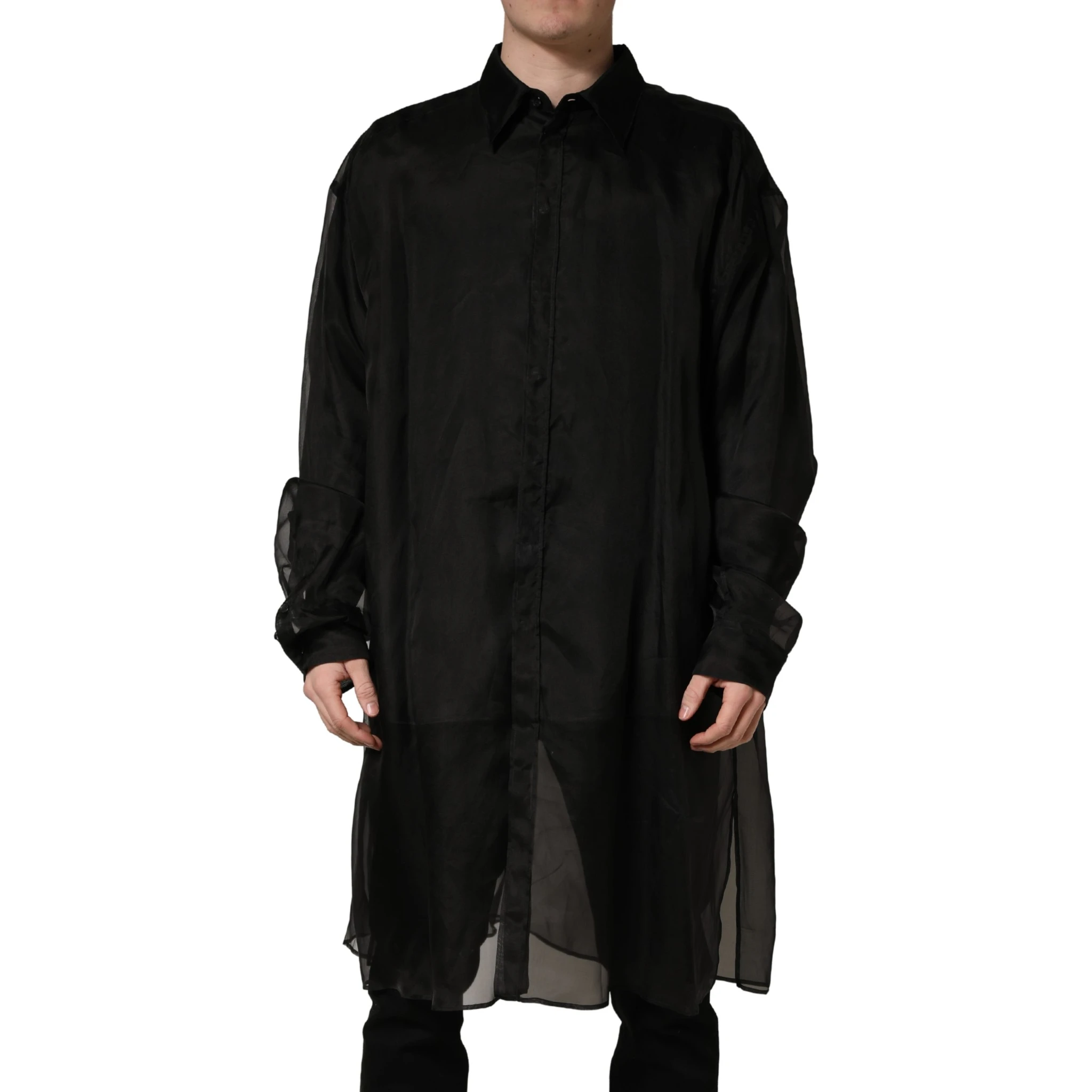 Black Ruffle Detail Semi Sheer Shirt Jacket