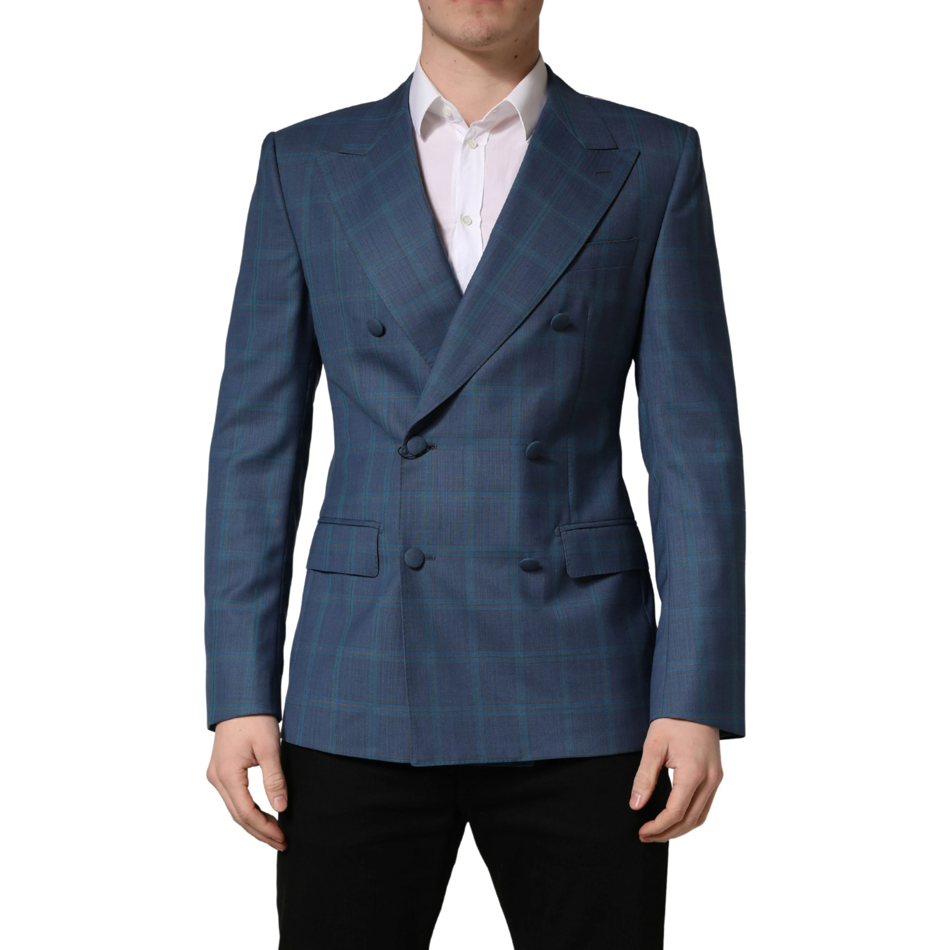 Blue Checked Double Breasted Men Suit Jacket