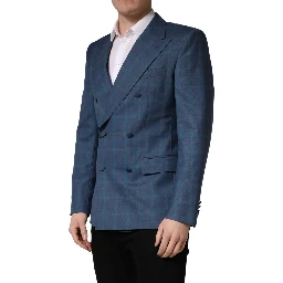 Blue Checked Double Breasted Men Suit Jacket