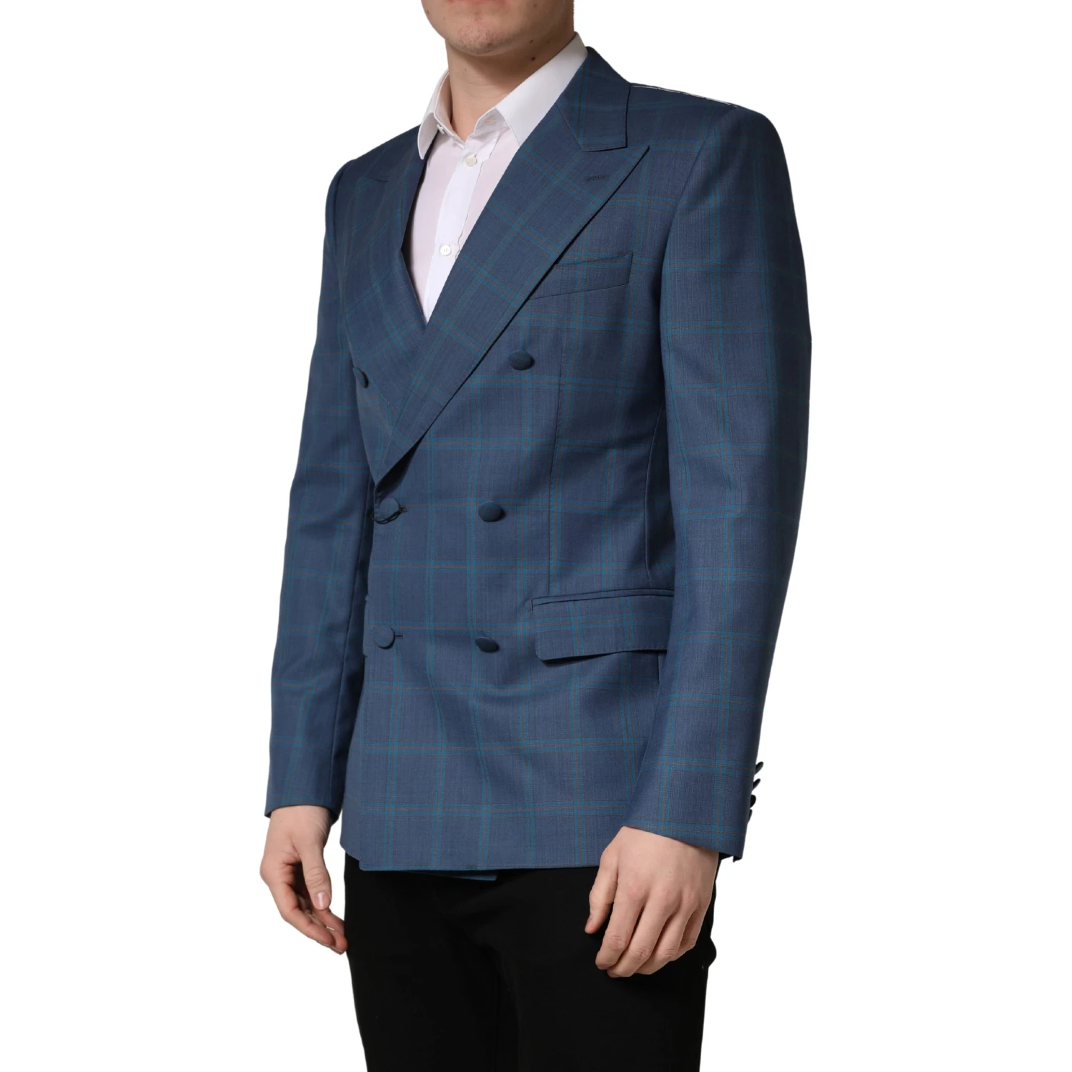 Blue Checked Double Breasted Men Suit Jacket