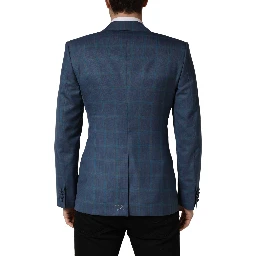Blue Checked Double Breasted Men Suit Jacket