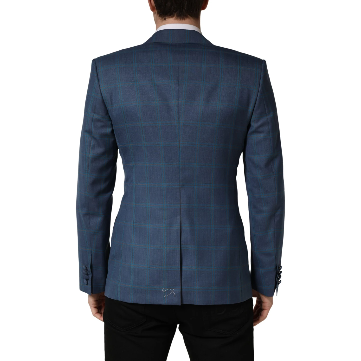 Blue Checked Double Breasted Men Suit Jacket